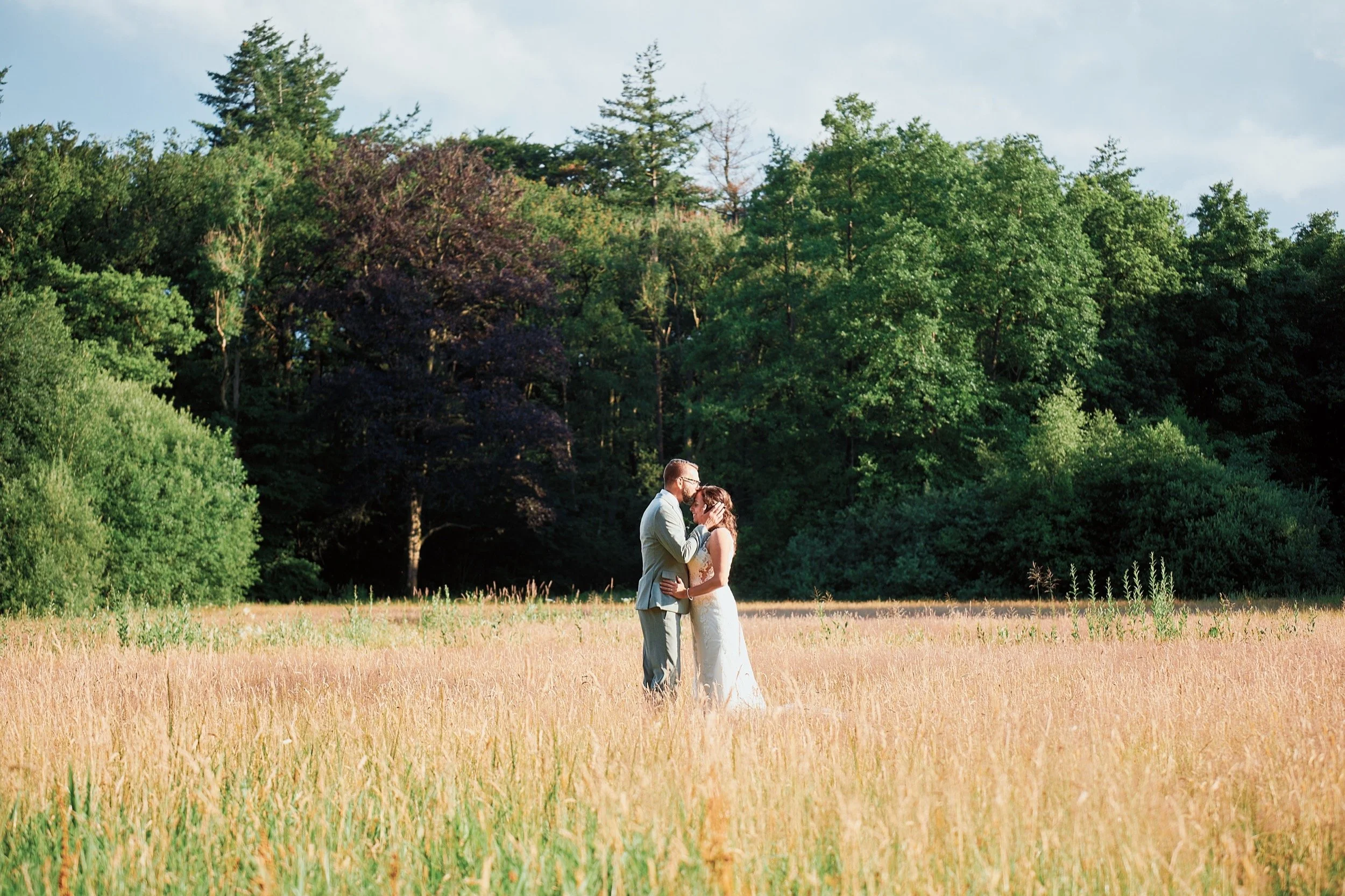 Twee mensen kussen in een veld met gouden gras, omgeven door groene bomen en een blauw wolkenlucht.