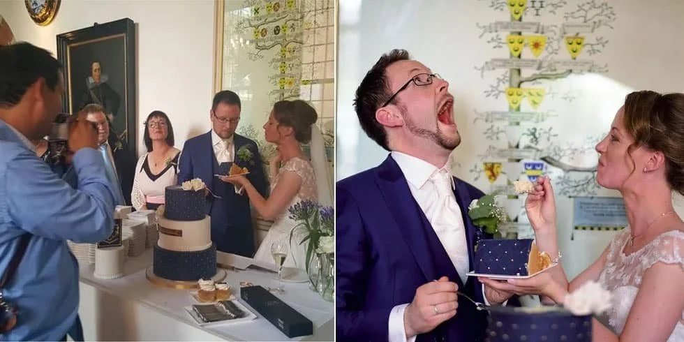 Een trouwfeest met gasten die genieten van taart en fotograferen.