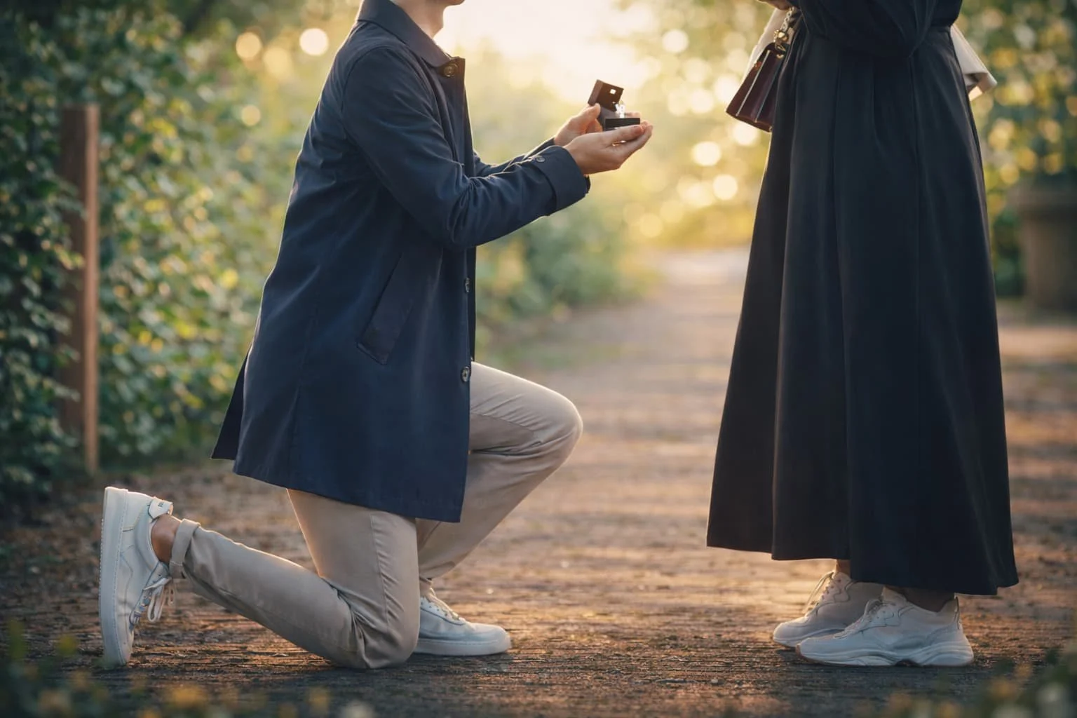 Man knielt op één knie op een pad in de natuur en geeft een ring aan een vrouw, die haar hand uitstrekt, tijdens een verlovingssuggestie.