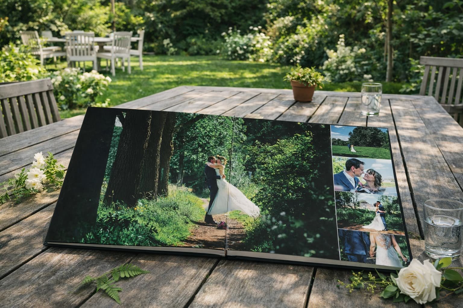 Fotoalbum met bruiloftsbeelden ligt op een houten tuin tafel, omringd door bloemen en planten, in een groene tuin met struiken en bomen.