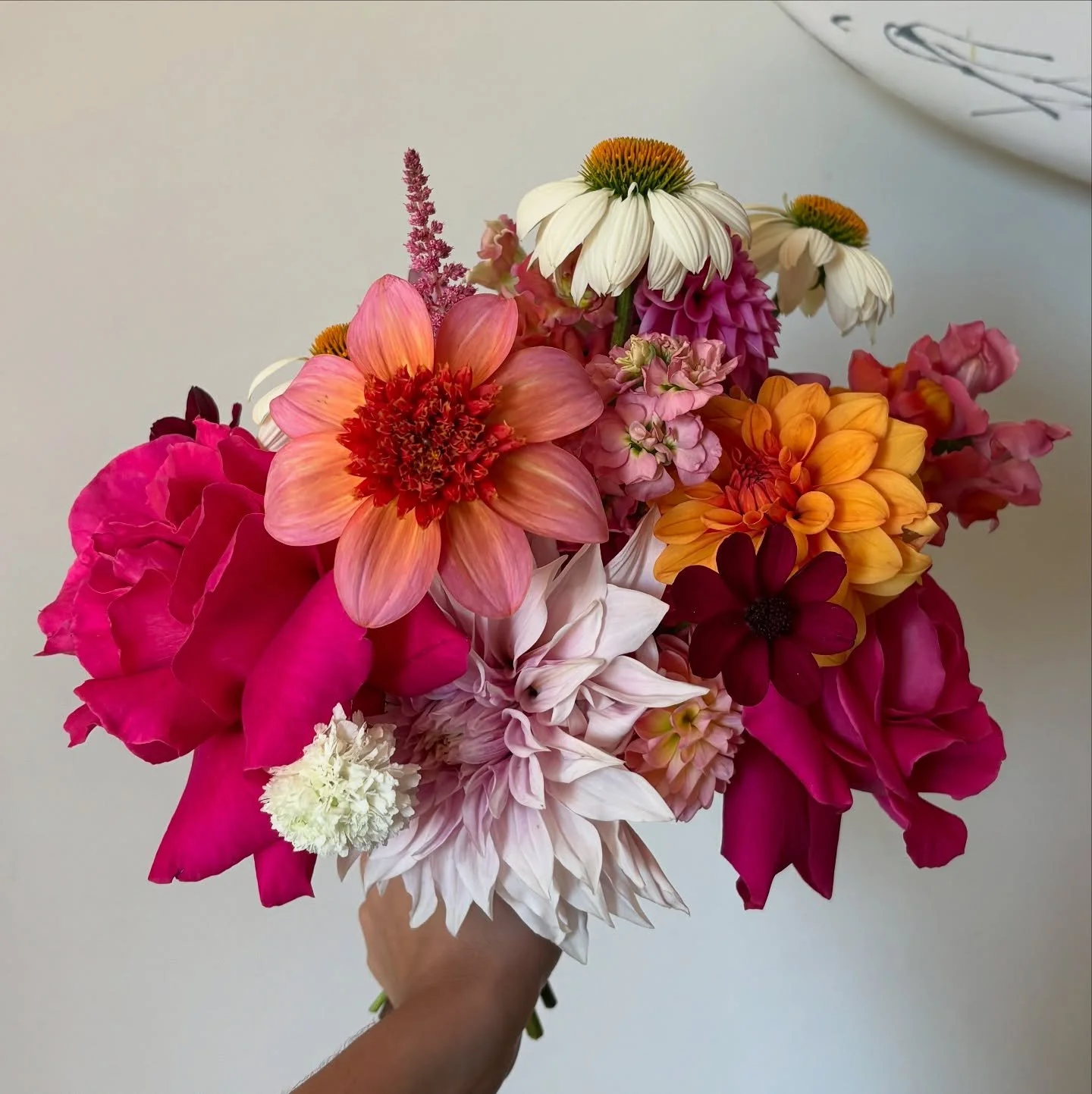 I always forget to post the bridal bouquet even though it&rsquo;s what I take the most time over - such a joyful colour combo for the lovely Lauren and Will 🩷🧡🩷