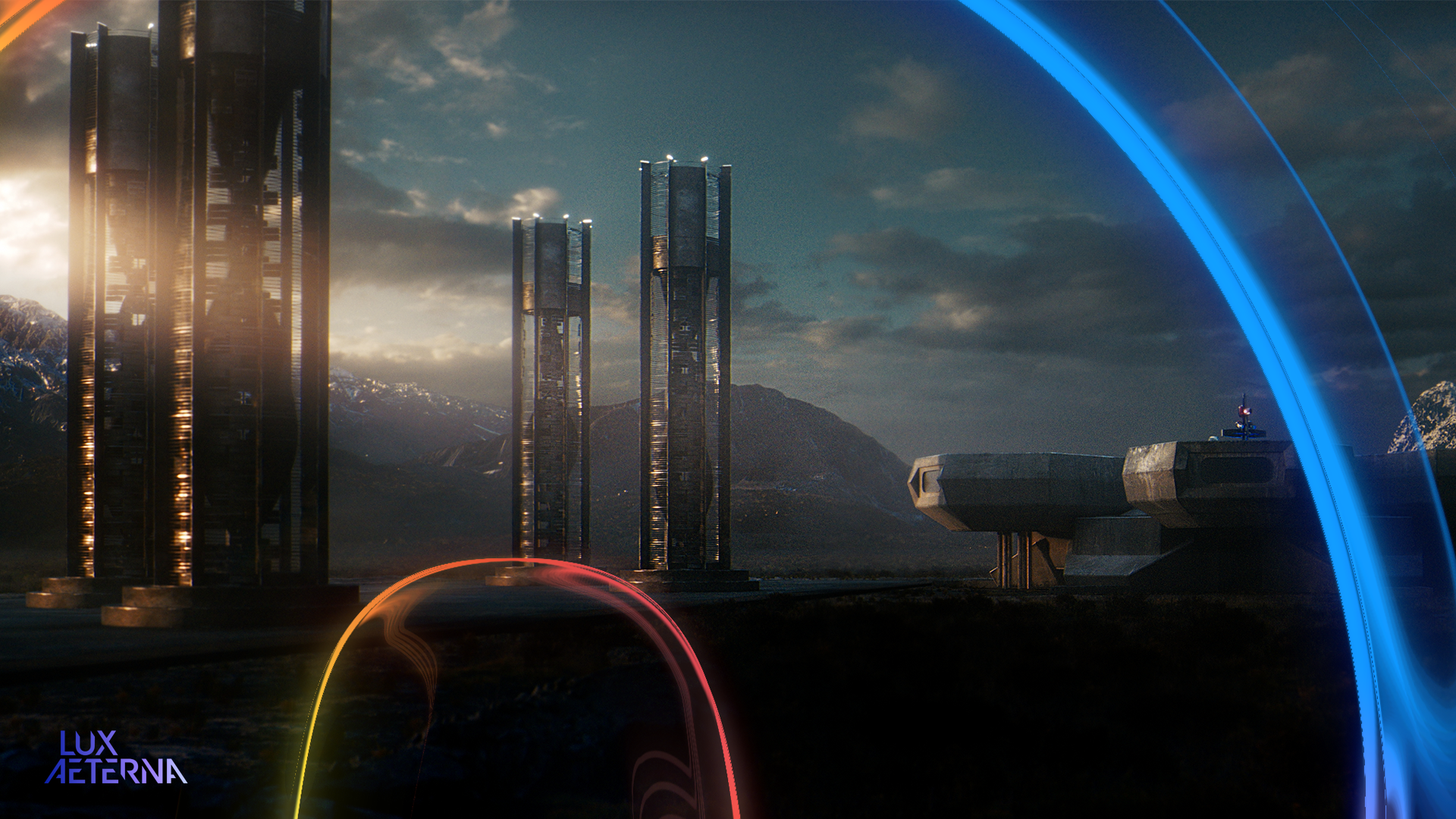 Futuristic cityscape with tall, sleek buildings, mountains in the background, and glowing light trails in the sky with the words 'LUX AETTERNA' in the lower left corner.