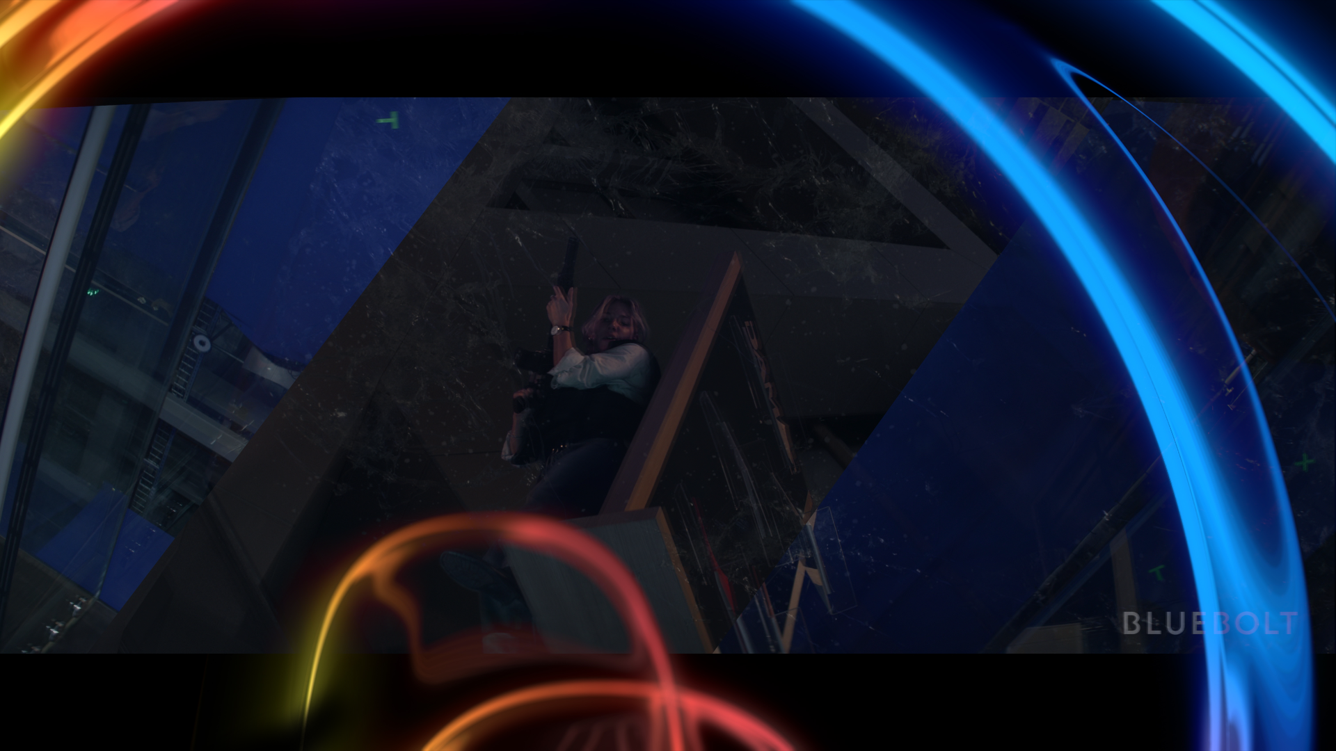 A woman is taking a selfie with her phone in a modern, dimly lit setting with blue and orange neon lights and reflective surfaces.