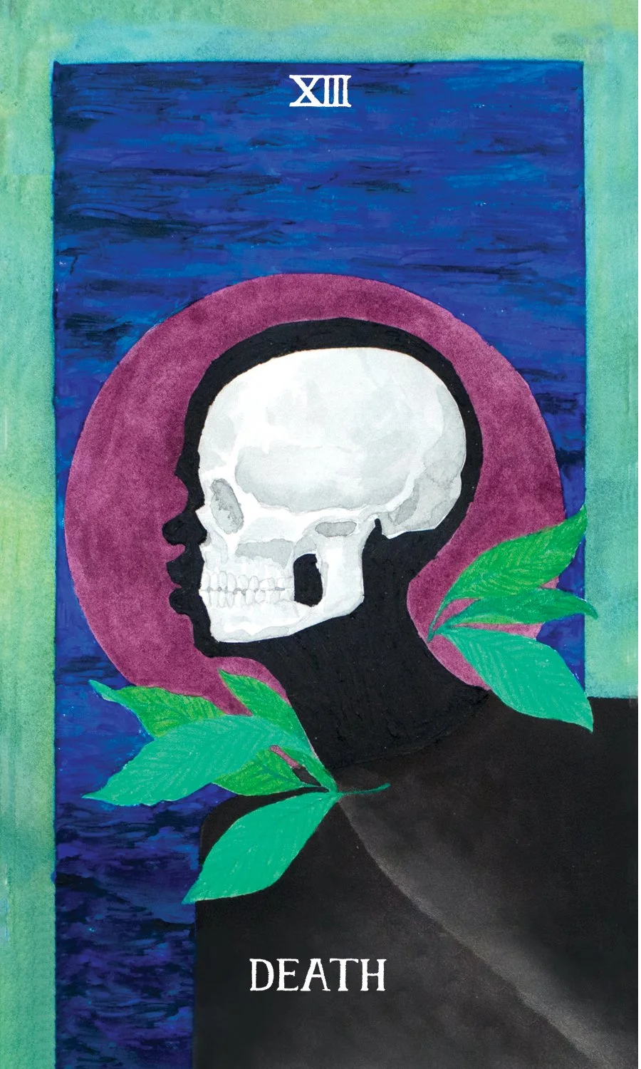 Tarot card featuring a side profile of a human skull, with green leaves, against a background of textured blue and purple hues, and the word 'DEATH' at the bottom.