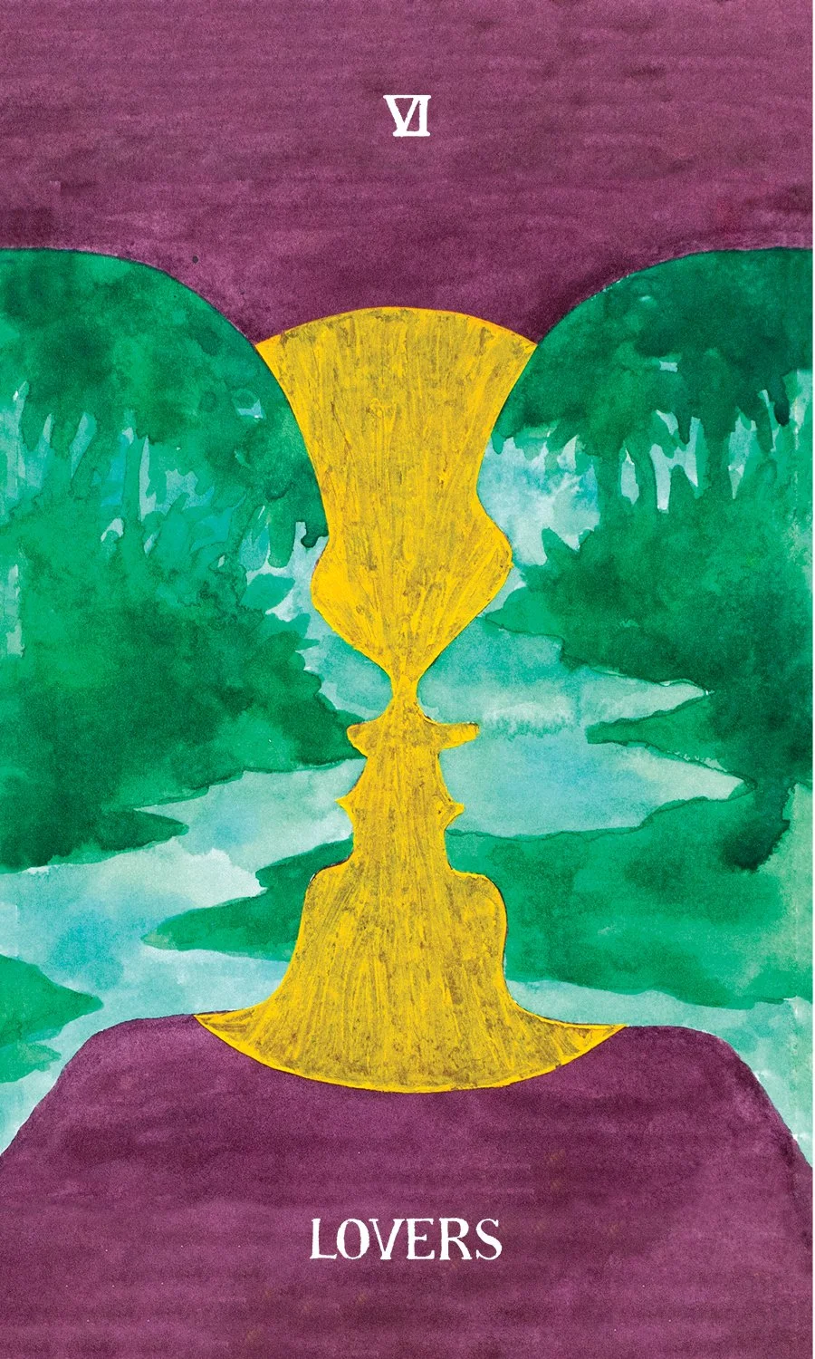 A watercolor painting of the lovers tarot card, showing two faces in profile with a yellow infinity symbol between them, a purple background, and green trees on either side.