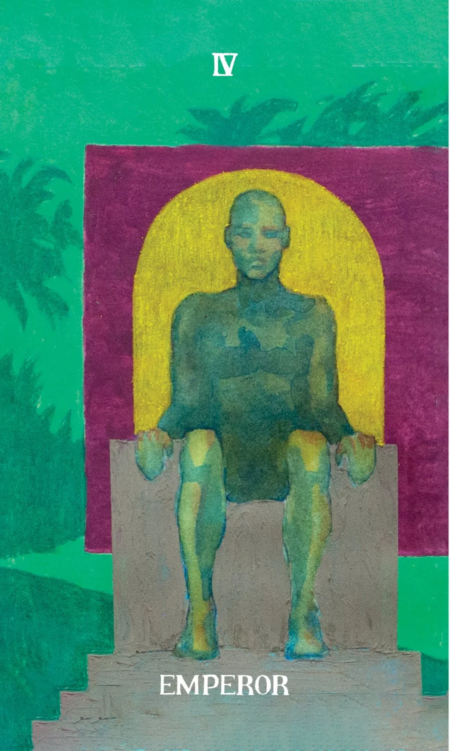 Drawing of a person sitting on a throne with a yellow arch behind them, on a purple background, with green surroundings, labeled 'IV' at the top and 'Emperor' at the bottom.