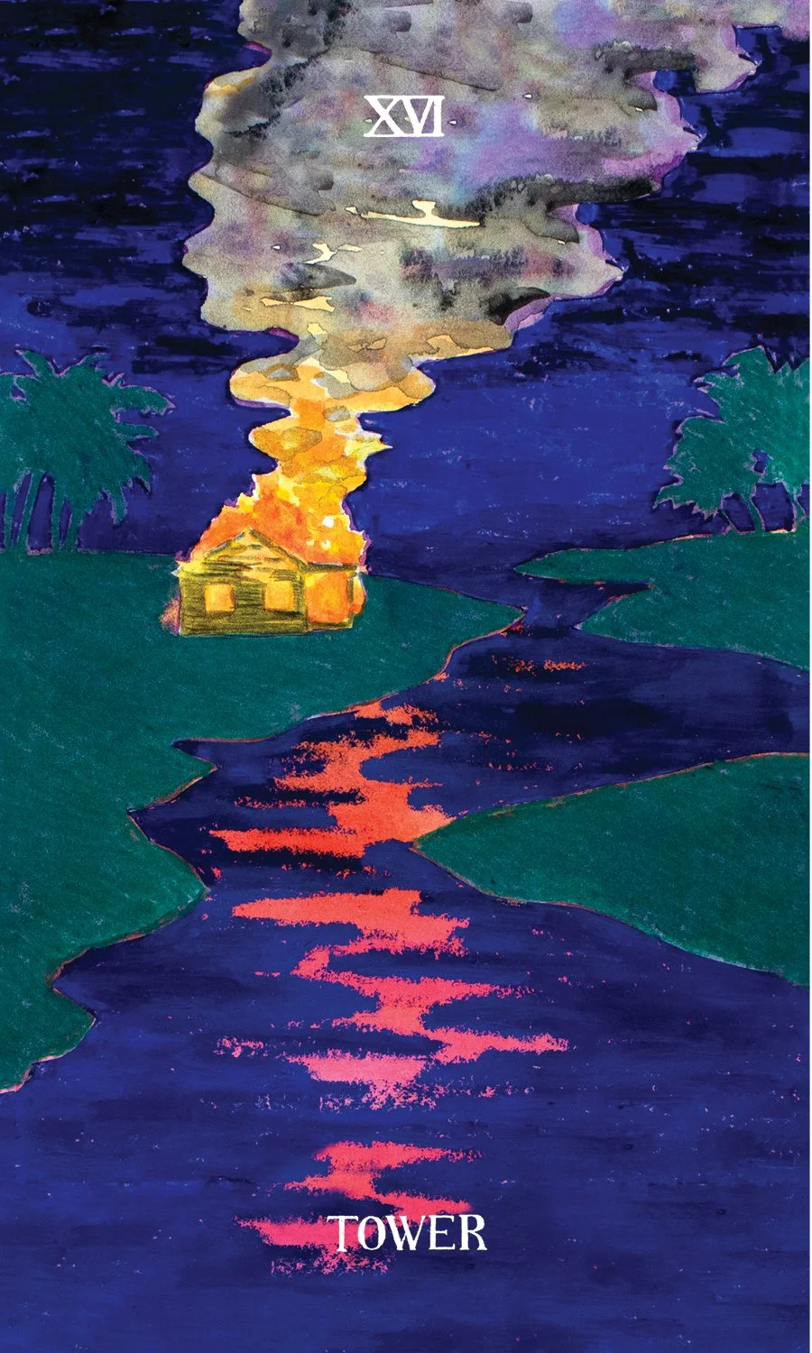 Watercolor painting of a house on fire with smoke rising into the night sky, two palm trees on green land, and a reflecting river or stream. The Roman numeral XVI is in the sky, and the word "TOWER" is at the bottom.