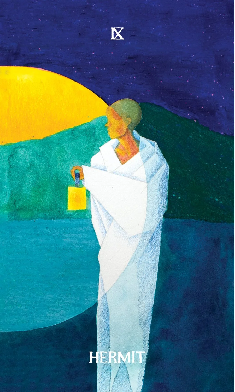 Abstract watercolor painting of a person dressed as a hermit holding a lantern, with dark night sky and colorful hills in the background.