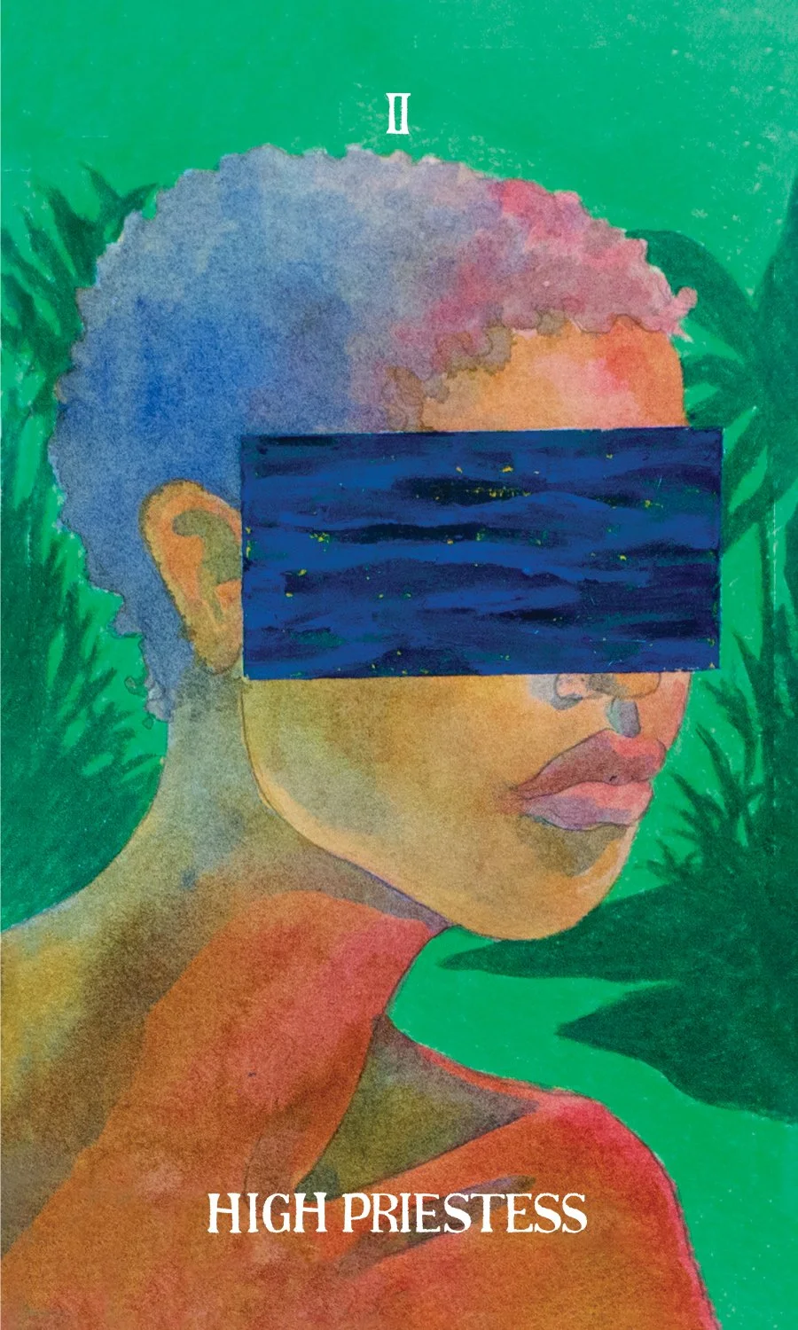 A colorful illustration of a woman with short, curly hair with a mix of blue, pink, and purple. She has a medium skin tone, and her eyes are obscured by a dark blue rectangular bar with streaks, resembling a video or image censorship. The background is green with palm leaves, and the card features the text "HIGH PRIESTESS" at the bottom.