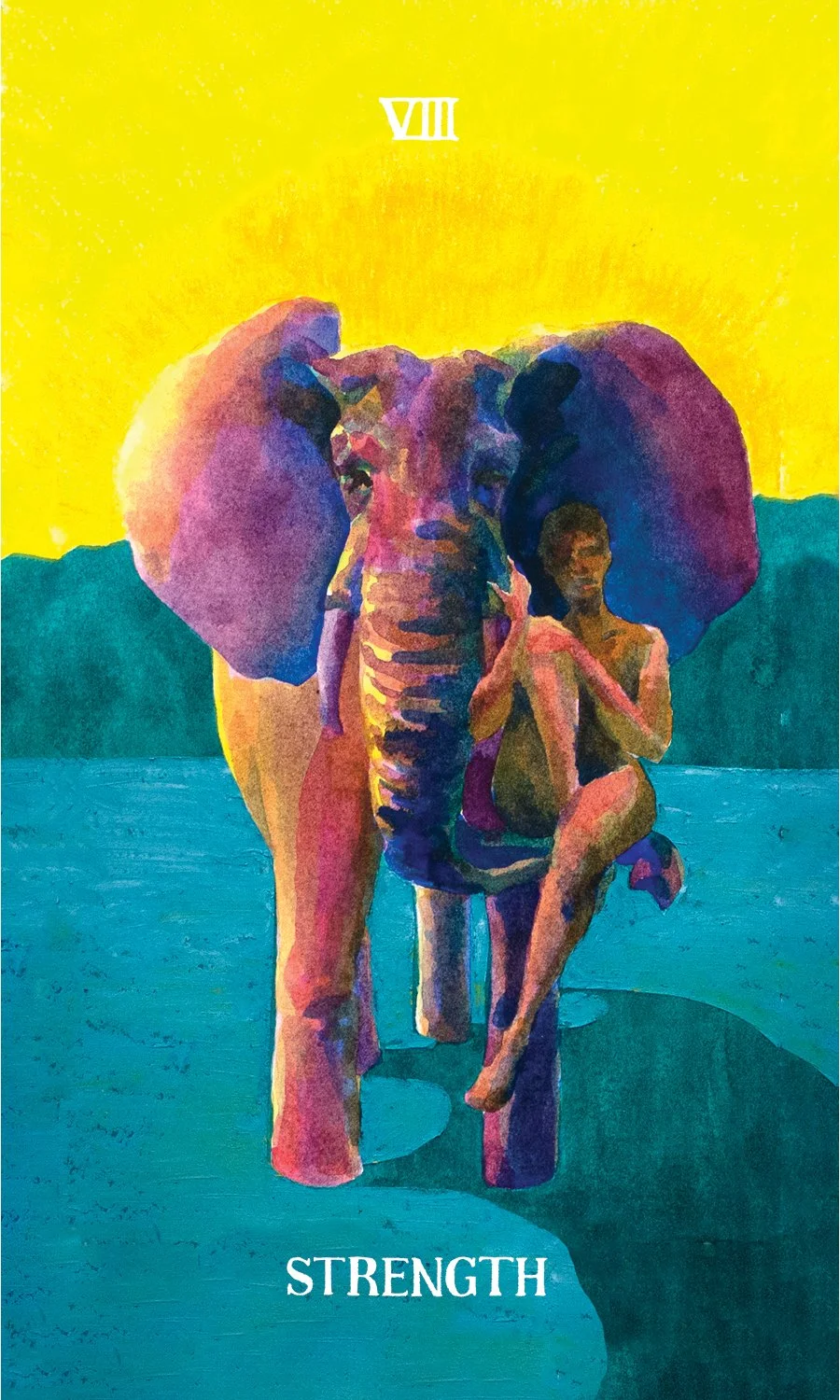 A colorful illustration of an elephant with a large head and ears, with a person sitting cross-legged next to it. The background shows mountains and a yellow sky, with the number VIII at the top and the word STRENGTH at the bottom.