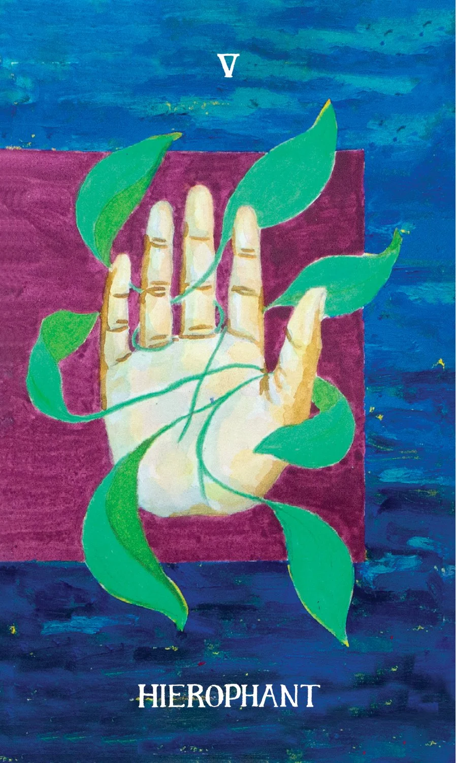 A colorful illustration of a hand with green leaves growing out of it, set against a blue and purple background with the word "Hierophant" at the bottom