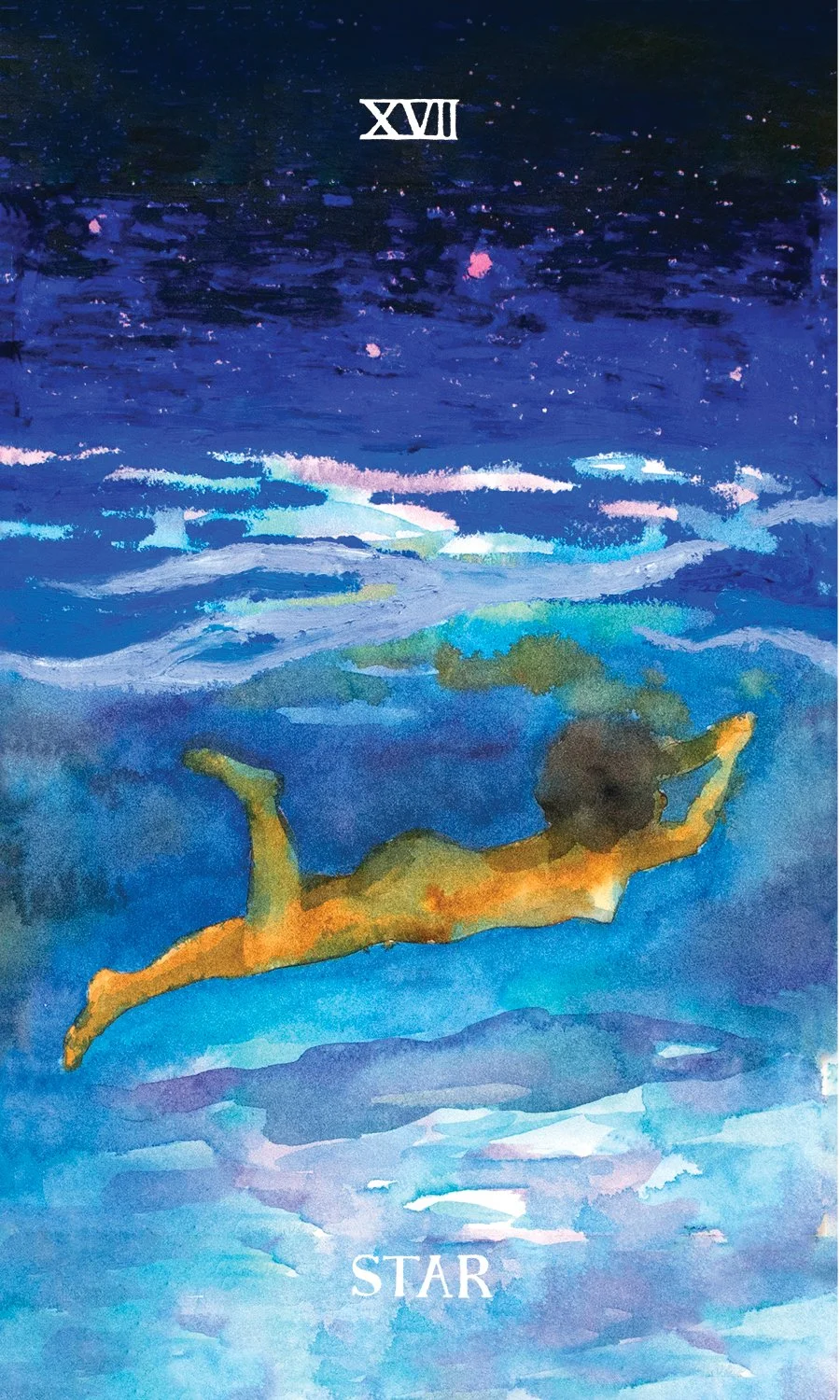 A watercolor painting of a woman swimming underwater, with the Roman numeral XVII at the top and the word 'STAR' at the bottom.