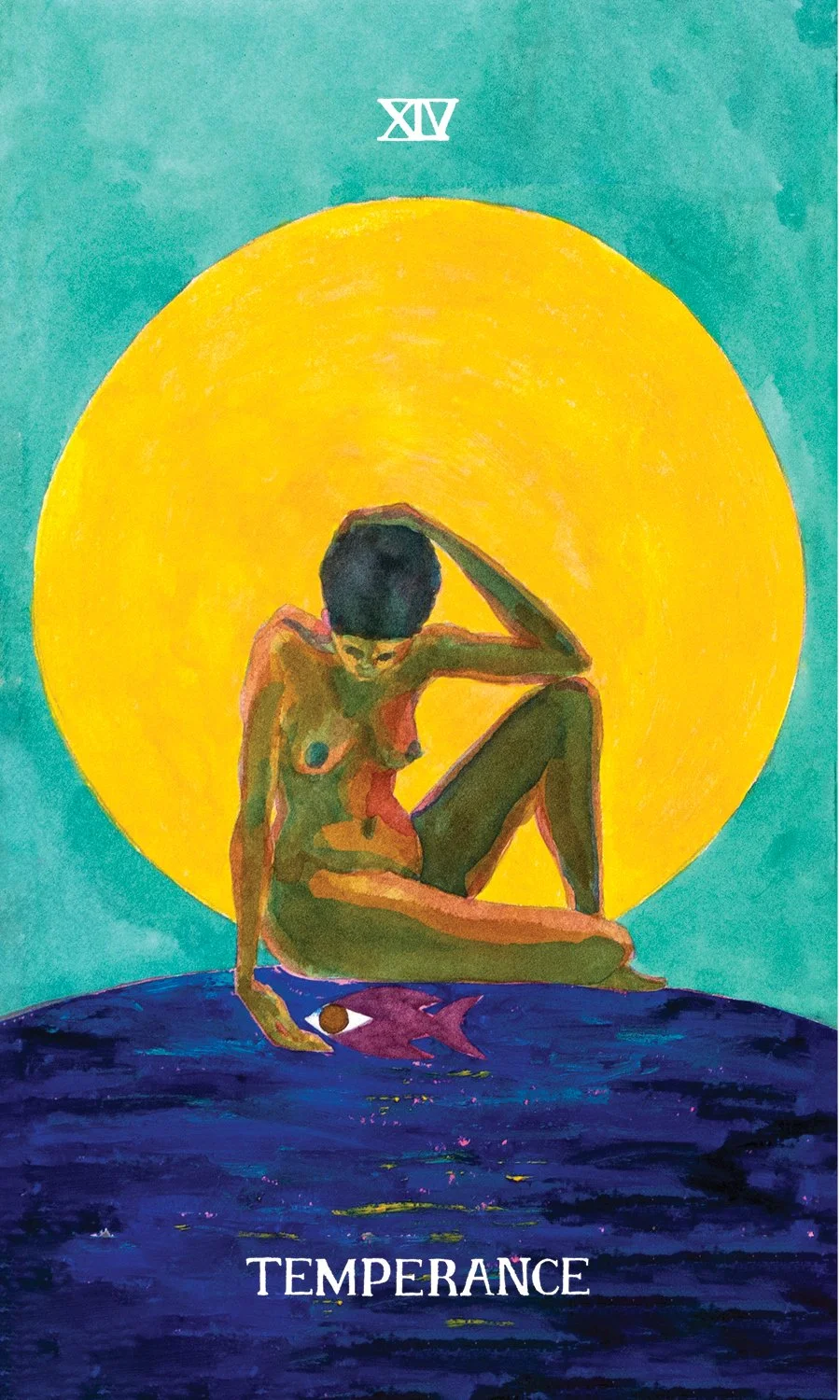 Illustration of a nude person sitting on a dark blue surface with a yellow circle background, and a large fish underneath. The person is sitting with one knee up, arm resting on the knee, and head leaning on the hand. The word 'TEMPERANCE' is written at the bottom.