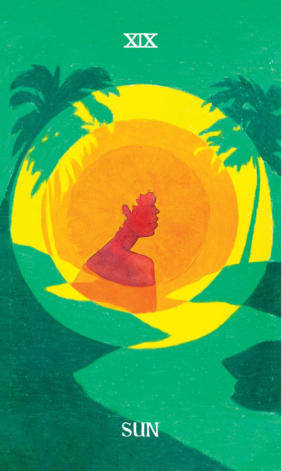 Tarot card illustrating the Sun, with a silhouette of a woman inside a sun, surrounded by palm trees and green landscape.