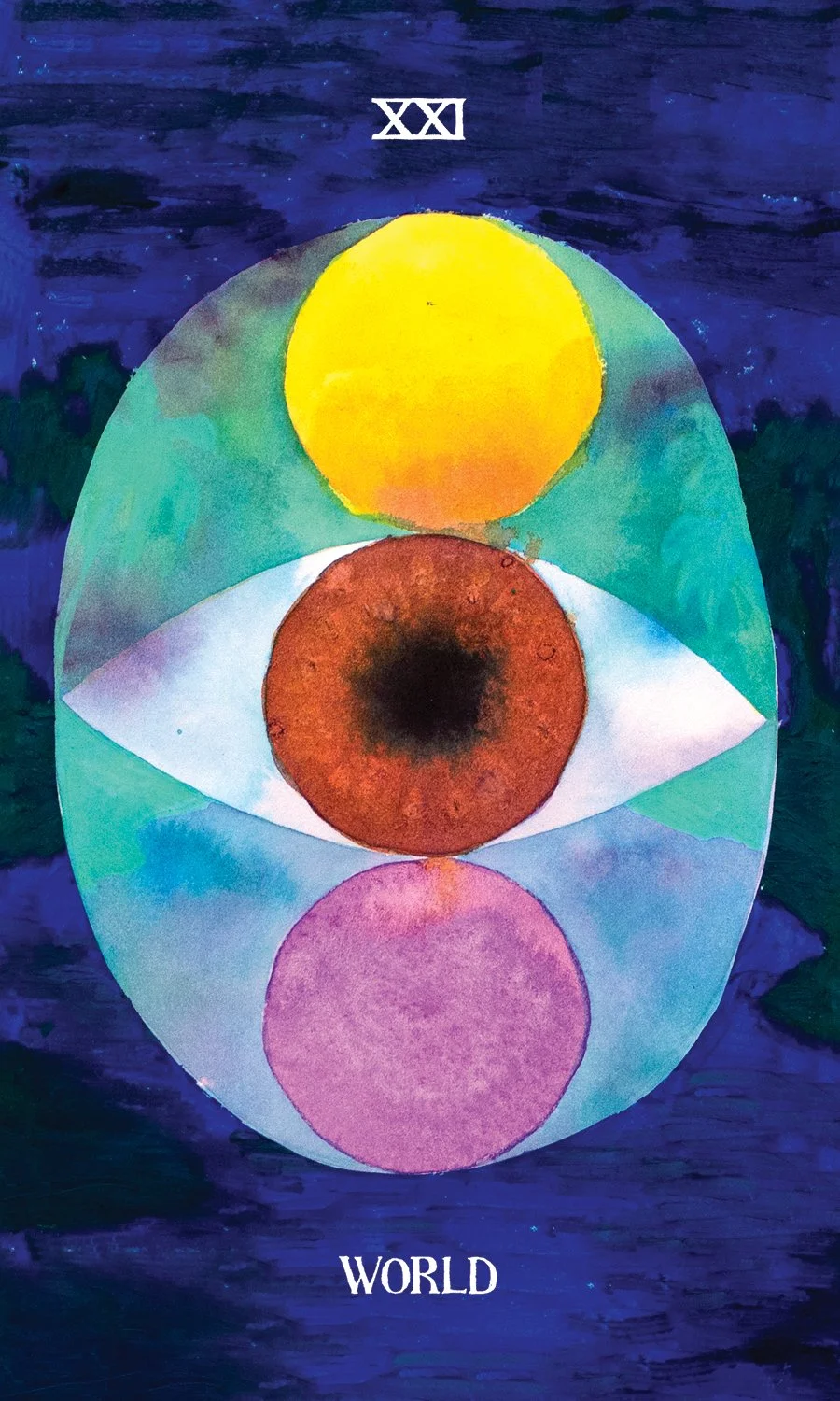 An abstract watercolor painting with a dark blue background, featuring four colorful circles aligned vertically, with the words 'XXI' at the top and 'WORLD' at the bottom.