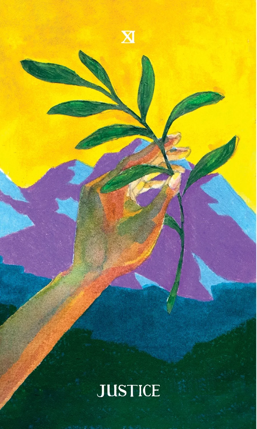 A hand holding a leaf branch against colorful mountain background with a yellow sky. The word 'JUSTICE' is at the bottom.