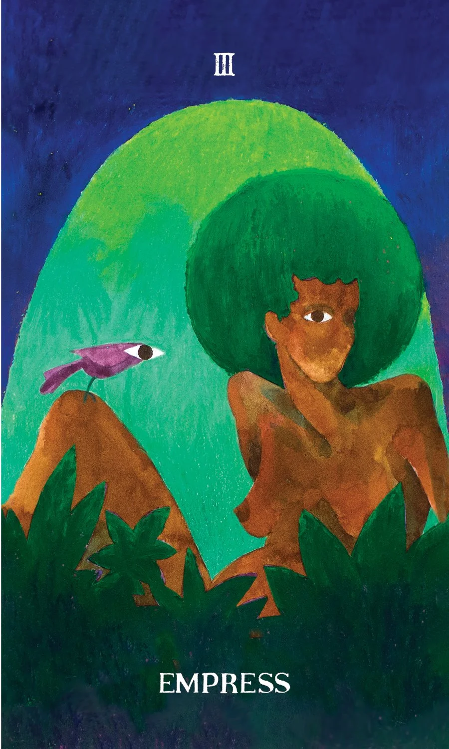 A colorful illustration of a woman with dark skin and voluminous green hair, sitting amidst green foliage with a purple bird perched on her knee, set against a night sky. The card is labeled 'EMPRESS' at the bottom and has Roman numeral 'III' at the top.