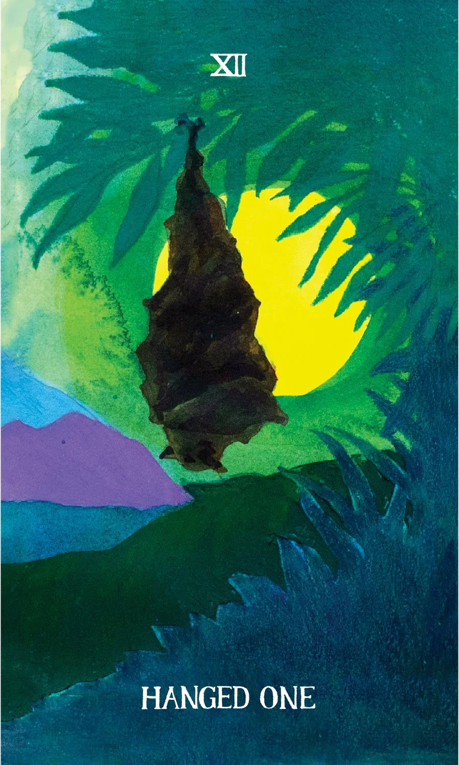 Colorful illustration of a hanging black bat with a yellow background, surrounded by green tropical leaves and purple mountains in the distance, with Roman numeral XII at the top and the words 'HANGED ONE' at the bottom.