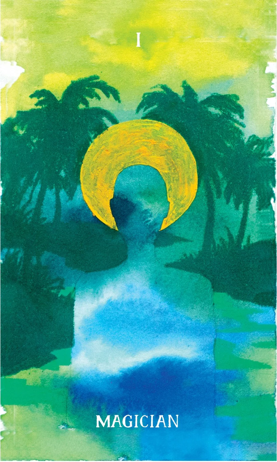 Illustration of a person with a glowing halo on their head, standing in front of a tropical landscape with palm trees and a river, with the word 'Magician' at the bottom.