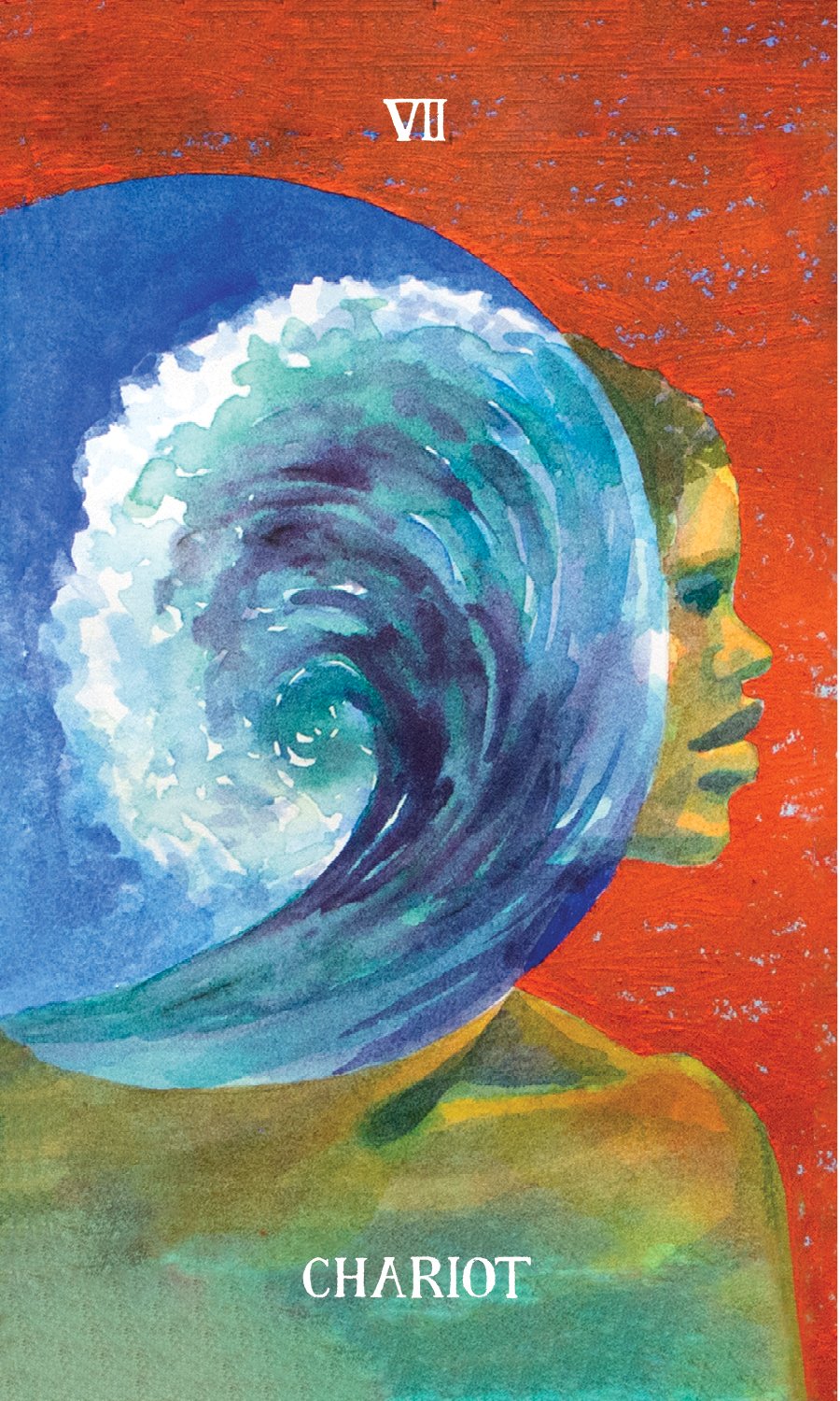 A tarot card titled "Chariot" featuring an artistic depiction of a woman with her profile facing right, with a large blue and white ocean wave-shaped element extending from her head and body, against a red background.