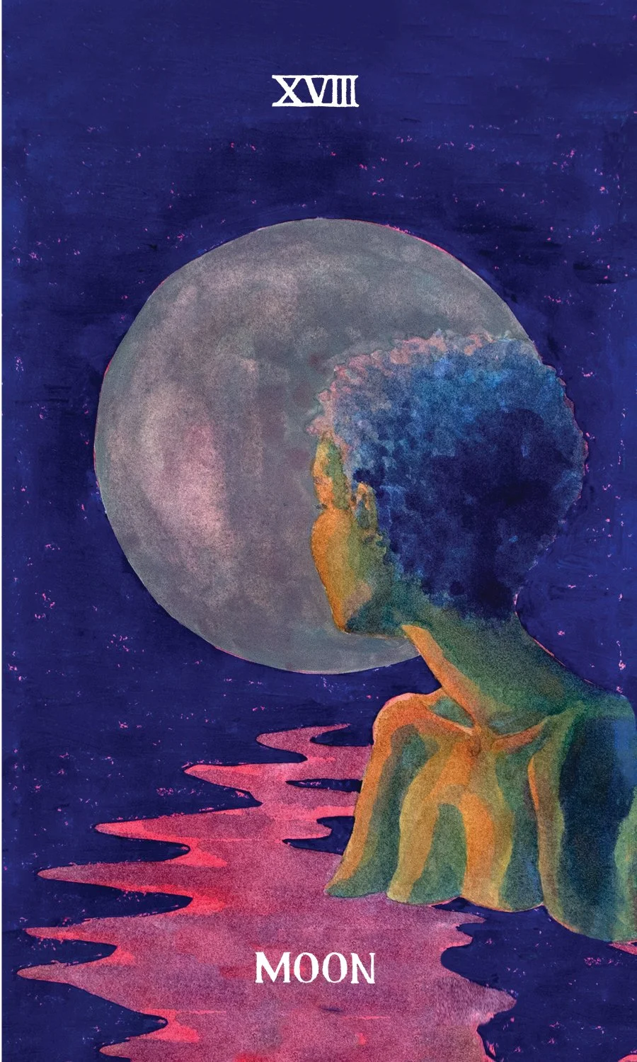 An illustrated tarot card labeled XVIII, the Moon, features a person with colorful curly hair and a contemplative expression, sitting on a rock by a pink lake with a large gray moon in a starry purple night sky.