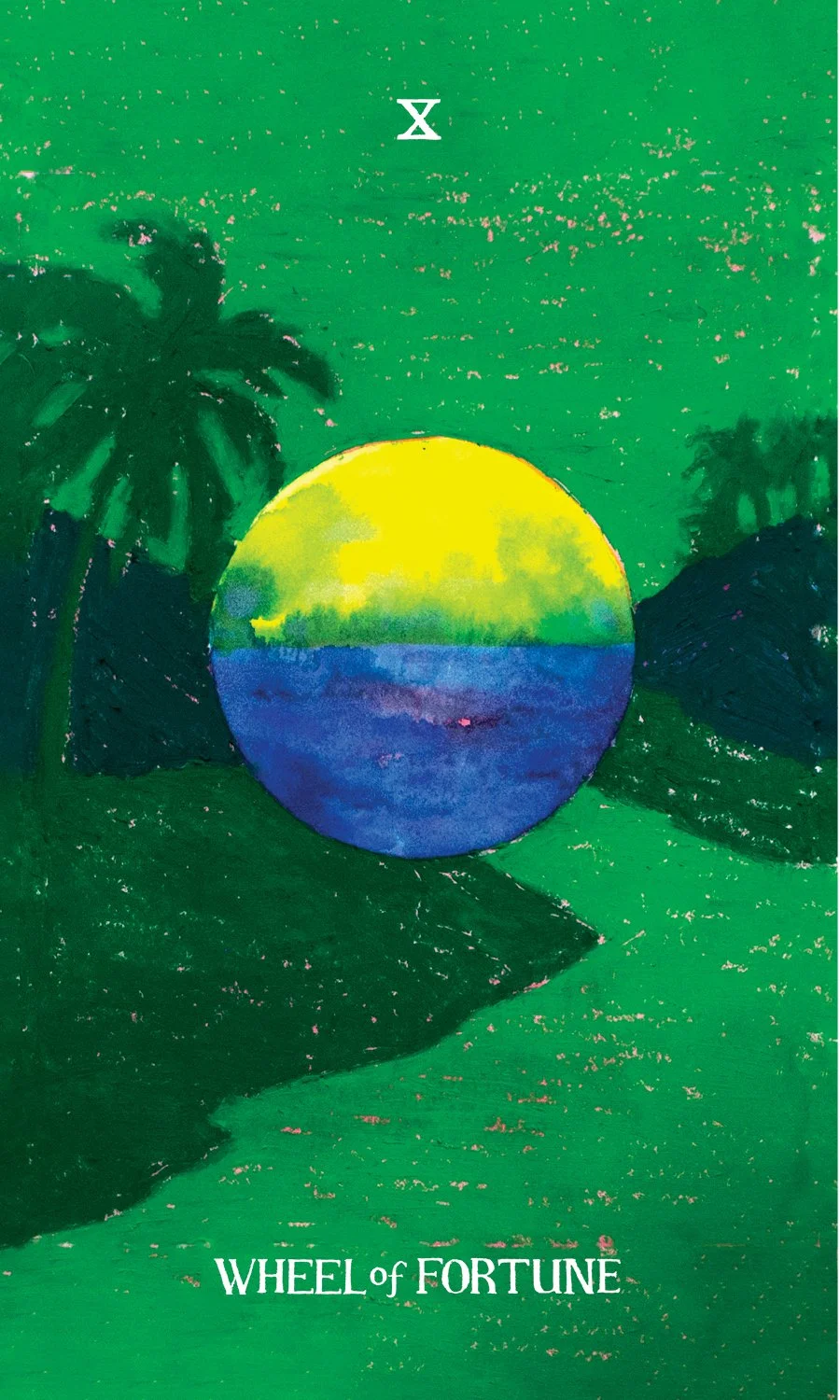 A colorful illustration of a fortune-telling wheel, set against a green background with palm trees and mountains, with the words "WHEEL of FORTUNE" at the bottom.