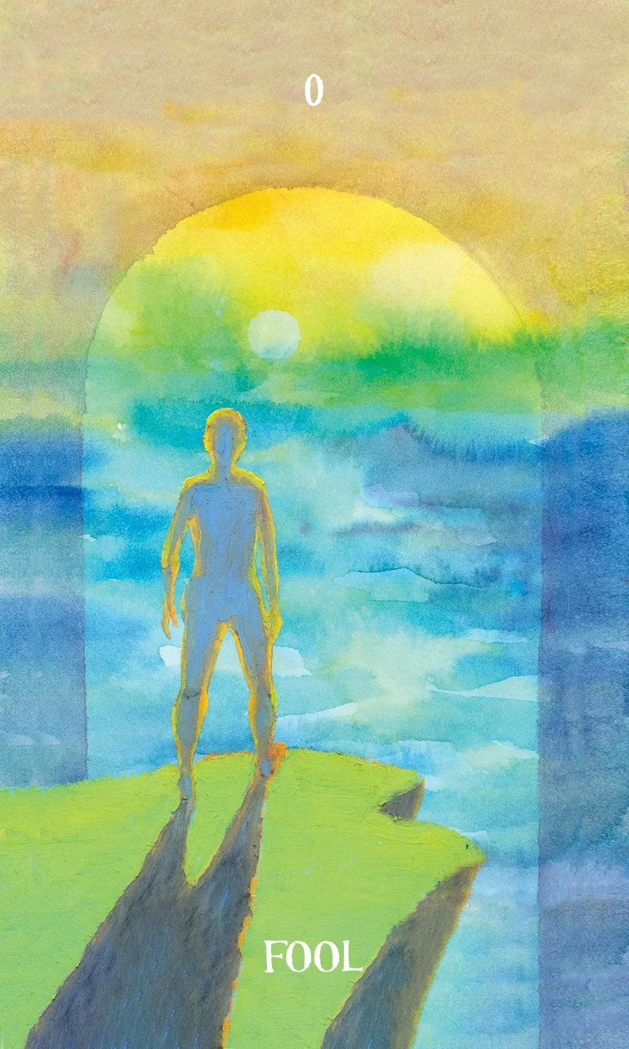 A watercolor painting of a human figure standing on a grassy ledge overlooking a sky with a sun and clouds, with the word "FOOL" written at the bottom.