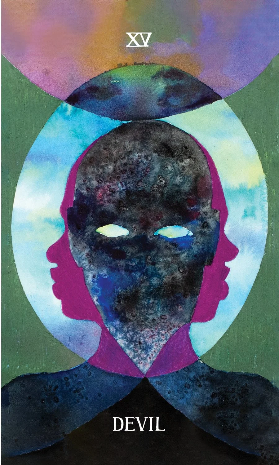Abstract painting featuring a dark silhouette of a face with glowing eyes, surrounded by two profile faces in purple, and a background with a colorful gradient sky and hills. The word 'DEVIL' is written at the bottom and the Roman numeral XVI is at the top.