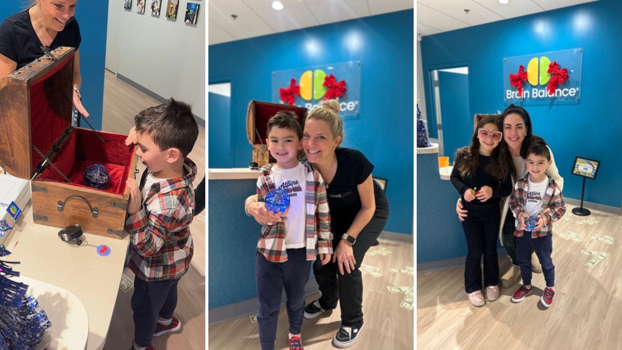 Proud child opening Brain Balance treasure chest reward after months of consistent effort