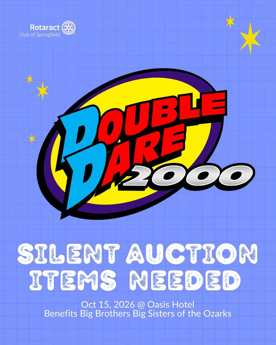 Rotaract is now accepting silent auction donations for our Double Dare Fundraiser! 

If you or a local business would like to donate an item, gift certificate, experience, or package, we&rsquo;d love to hear from you. 📩 Send us a message to get invo