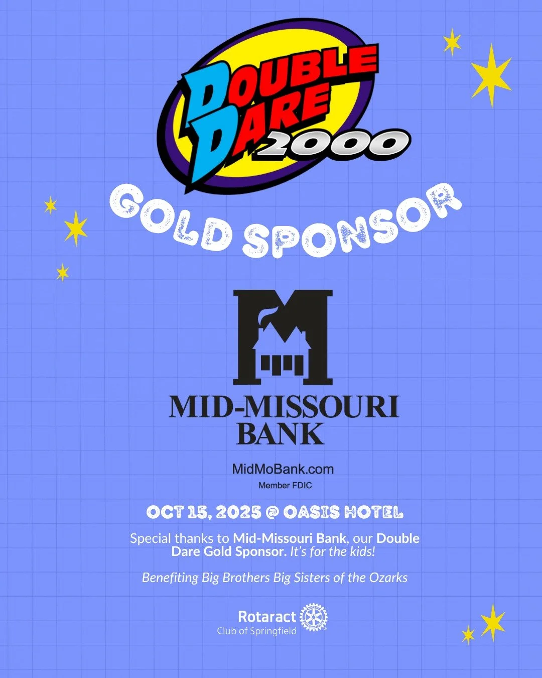 ✨We are incredibly grateful to have @midmissouribank as the Gold Sponsor of the 10th Annual Double Dare Fundraiser to Benefit Big Brothers Big Sisters of the Ozarks!

As our highest-level sponsor, Mid-Missouri Bank is making a BIG investment in an ev