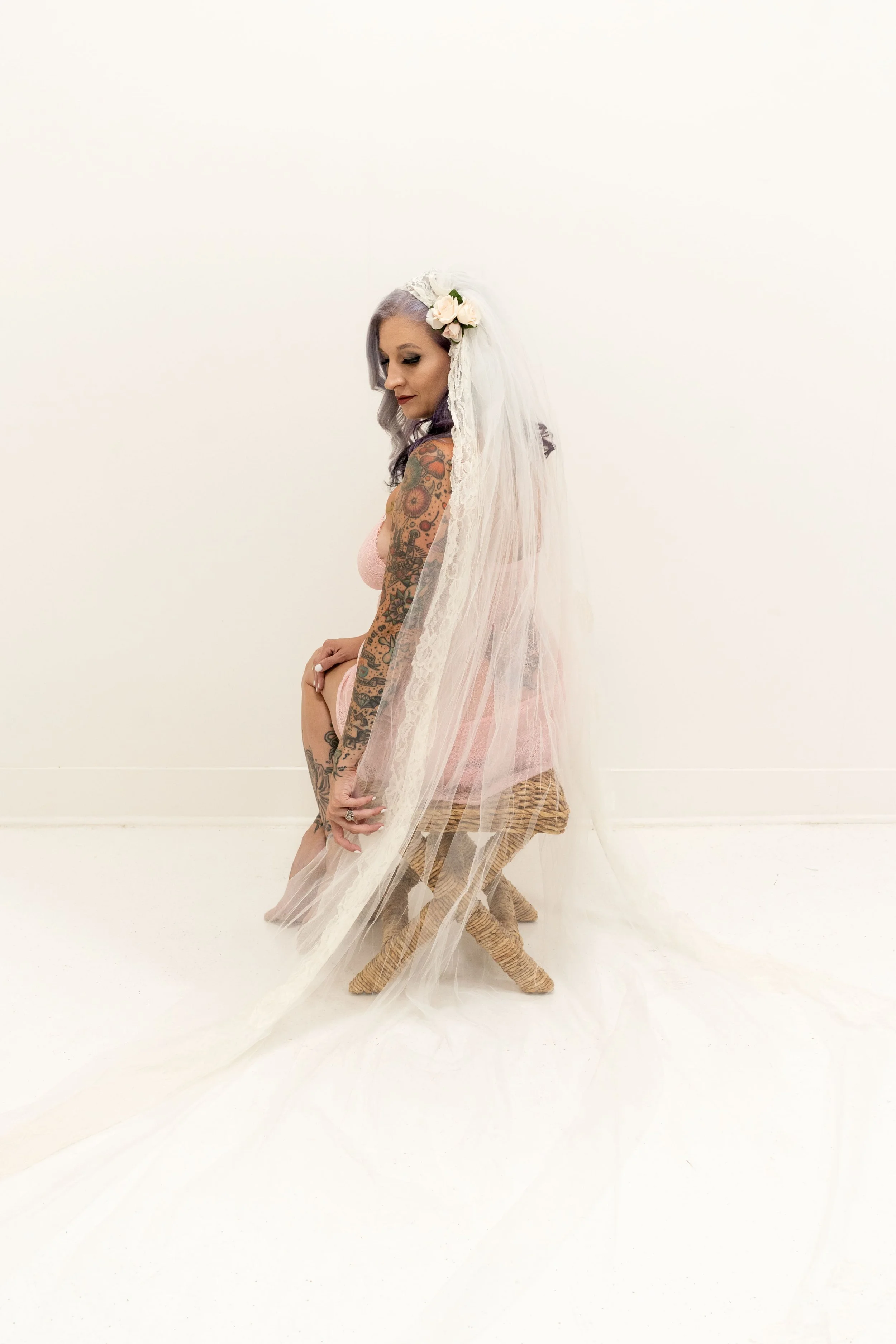 bridal boudoir photography in professional studio in Canton, GA with bride to be and her beautiful veil