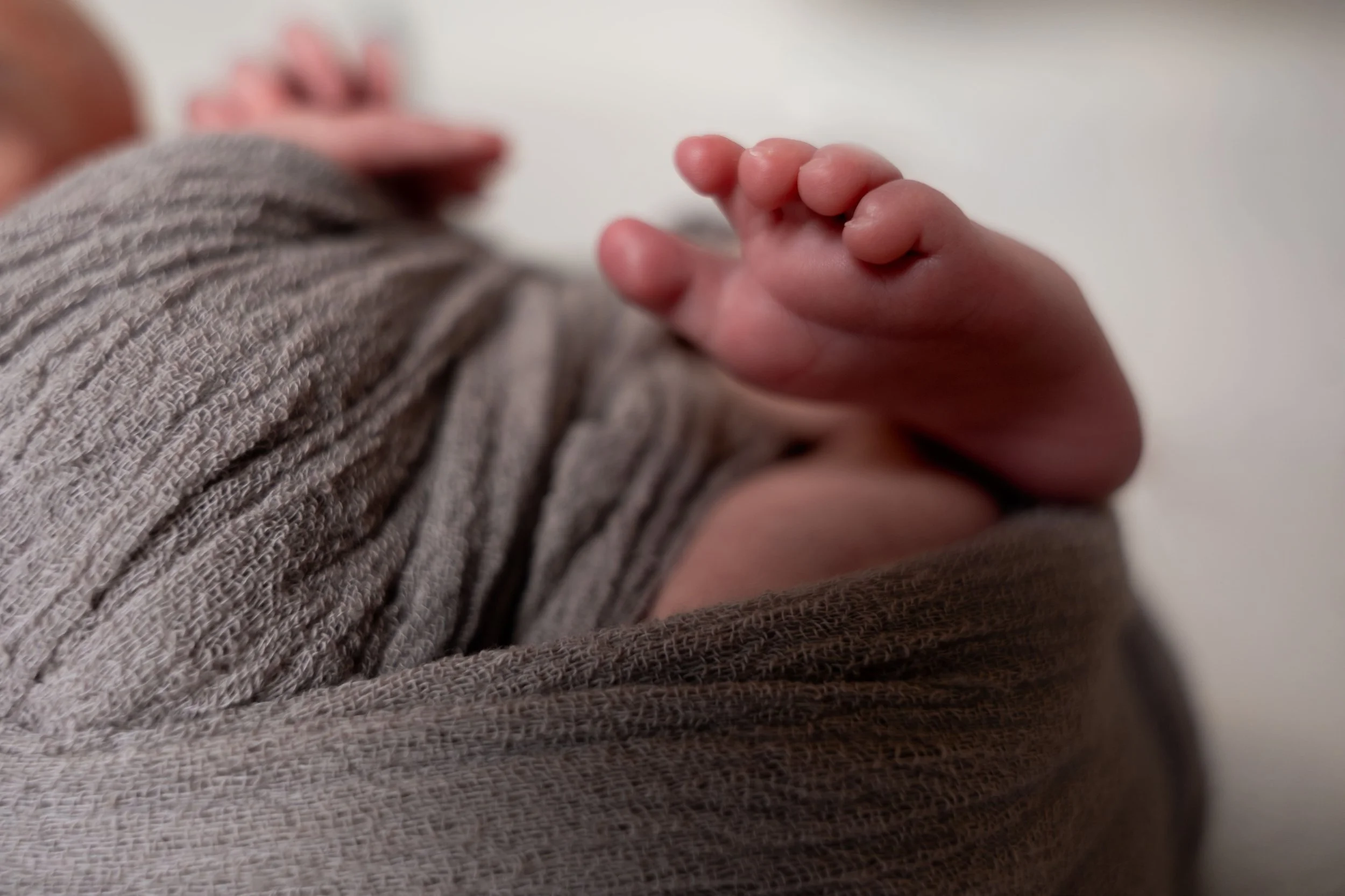 Close-up of a newborn baby's hand holding onto an adult's finger.