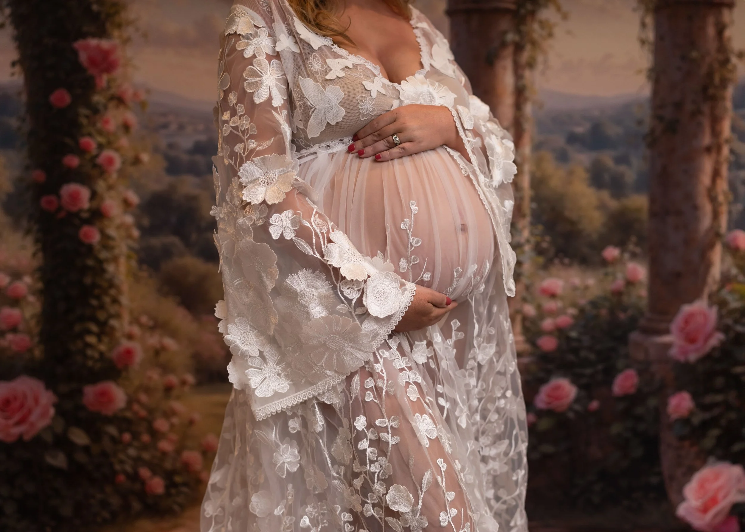 picture of pregnant woman in sheer maternity gown hugging her belly