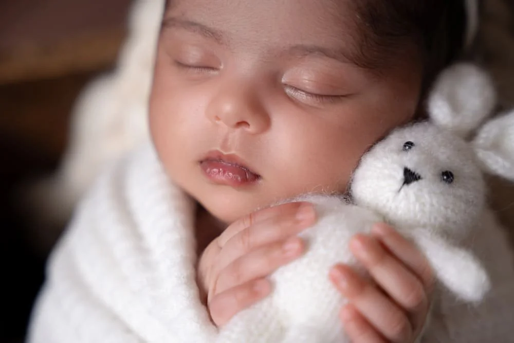 closeup of newborn baby holding a cute stuffed rabbit in her tiny hands
