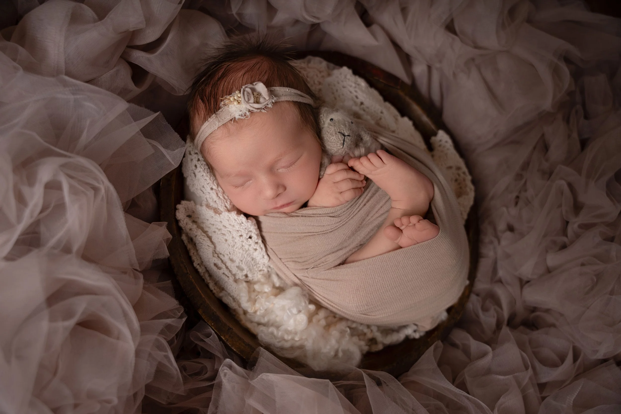 sweet baby photoshoot showing a wrapped newborn baby posed with a sweet stuffed animal laying on a layer of tulle