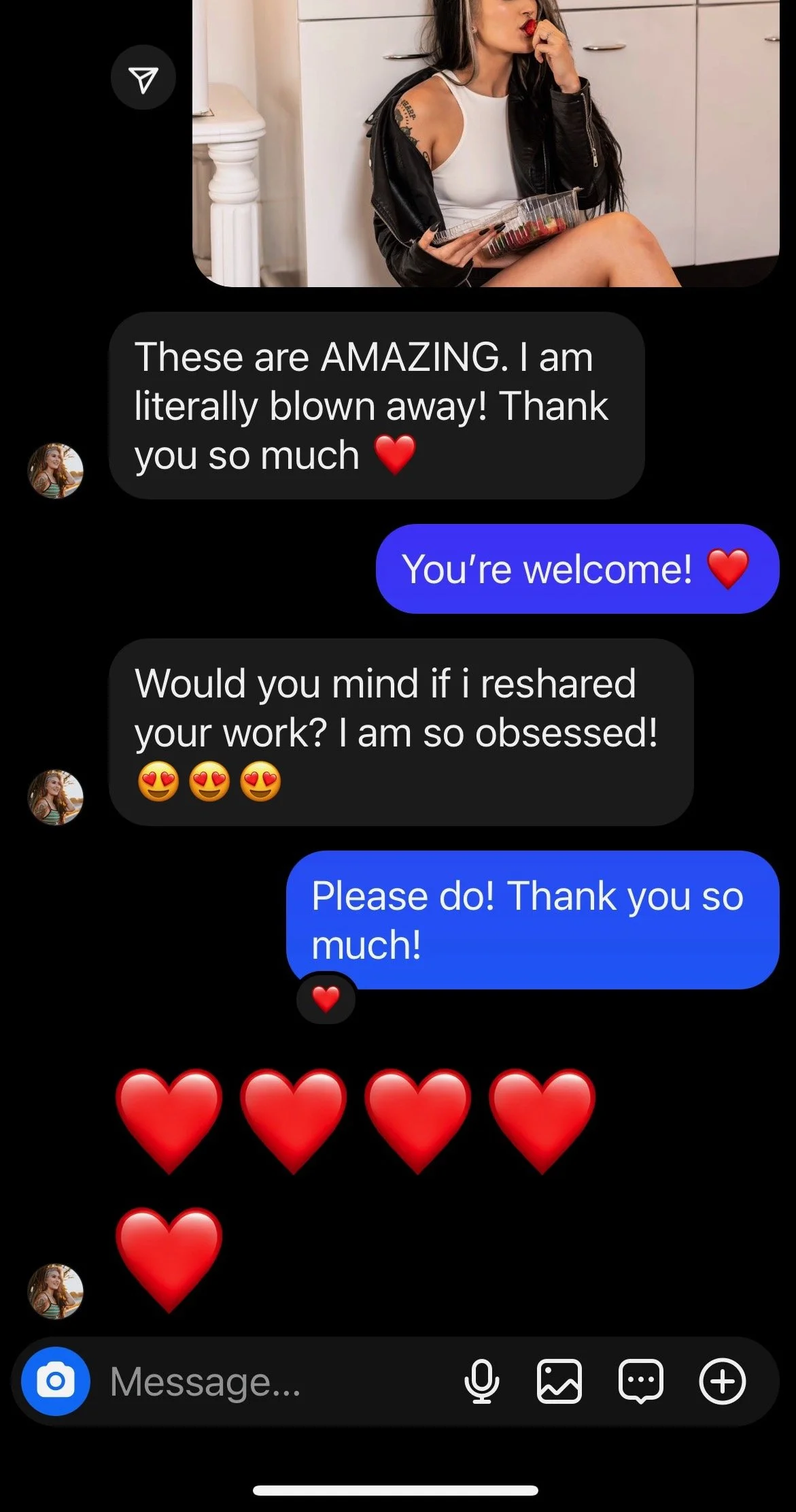 Text message exchange screenshot after receiving boudoir photos