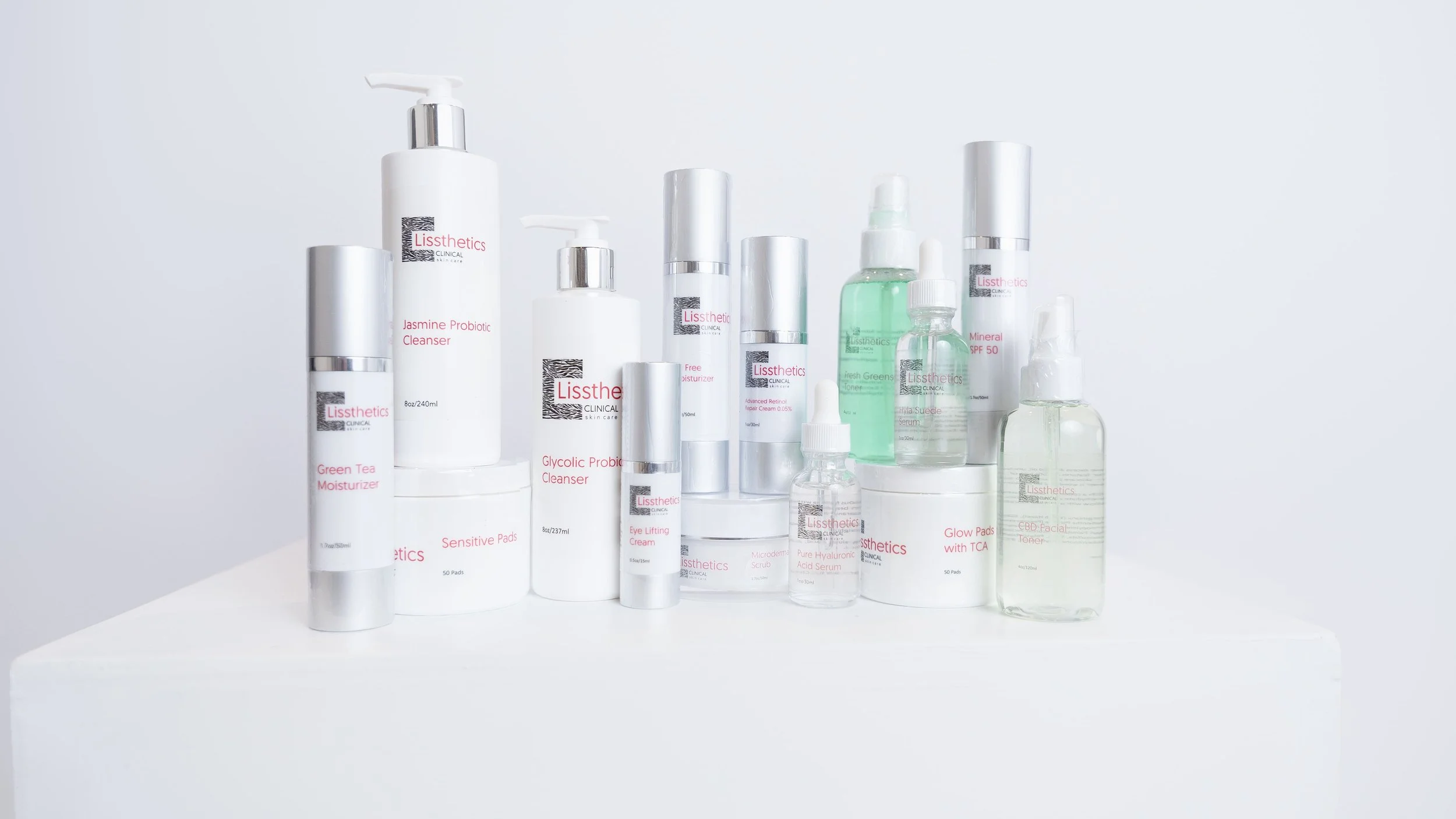 image of estheticians product line on white table with white background