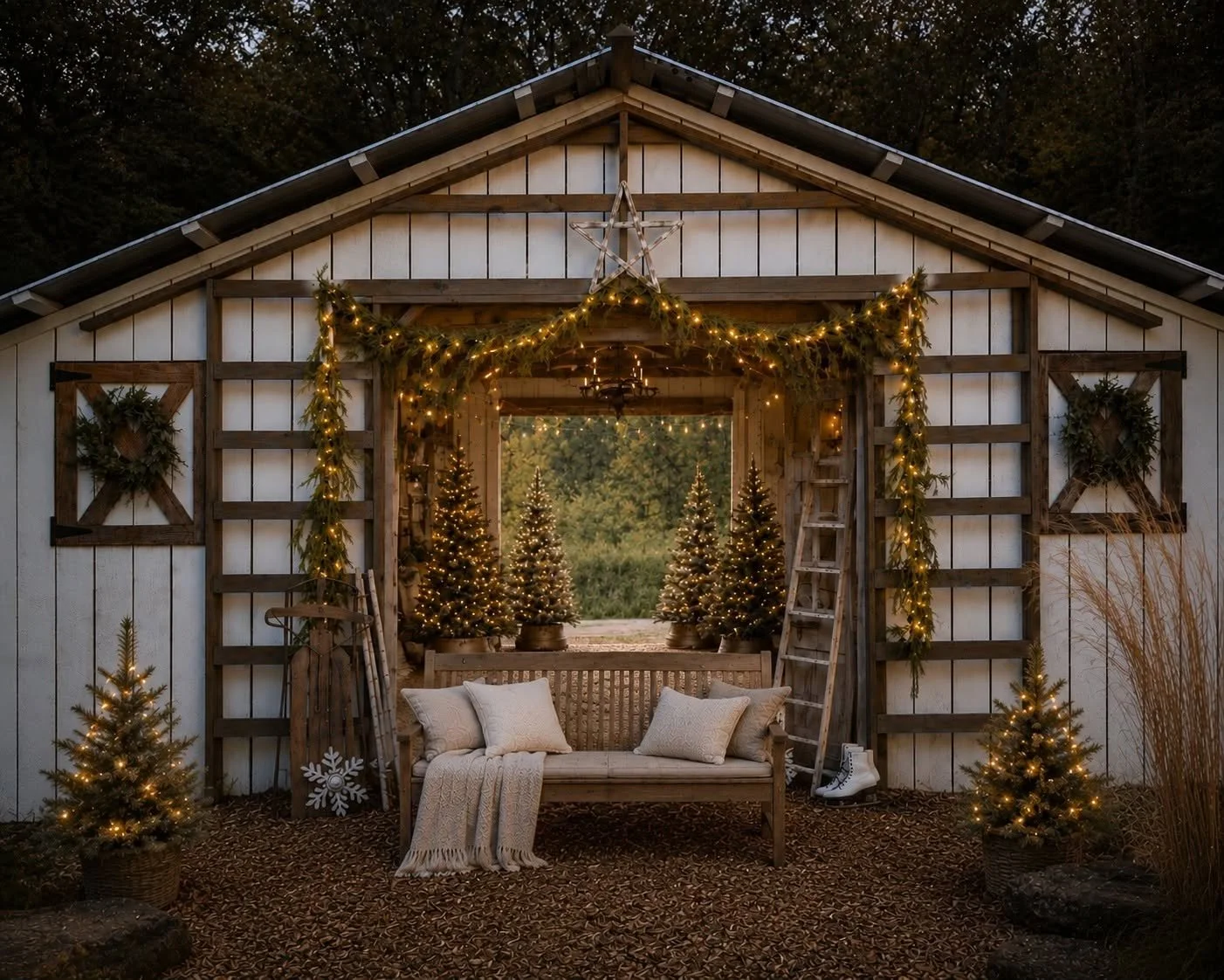 image of white barn decorated for Christmas minis in Canton, GA