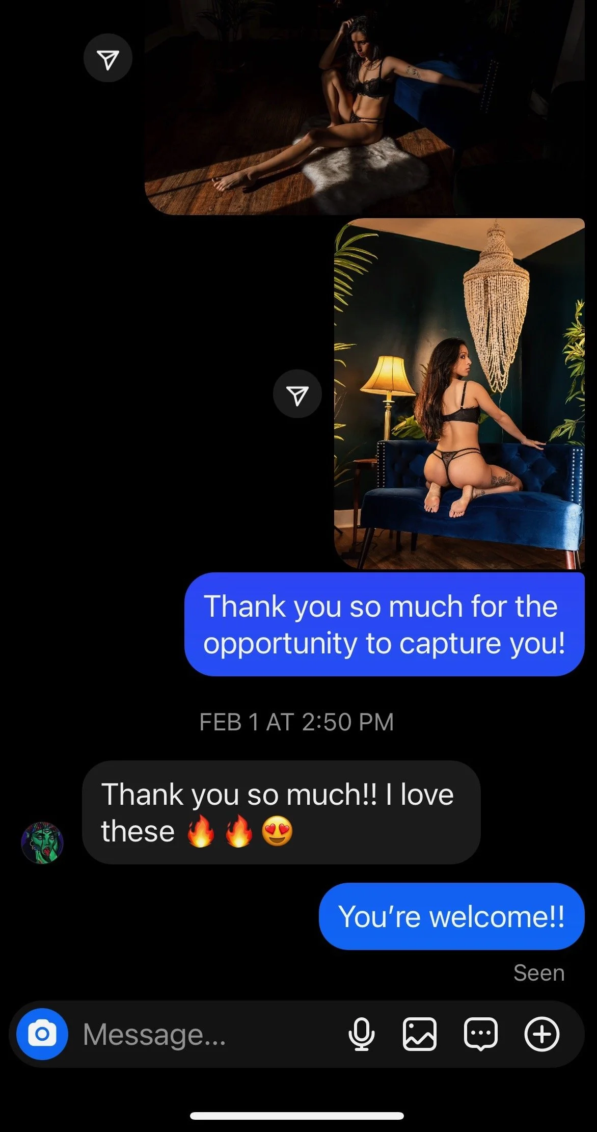 Text message conversation screenshot from woman thrilled with her boudoir photos