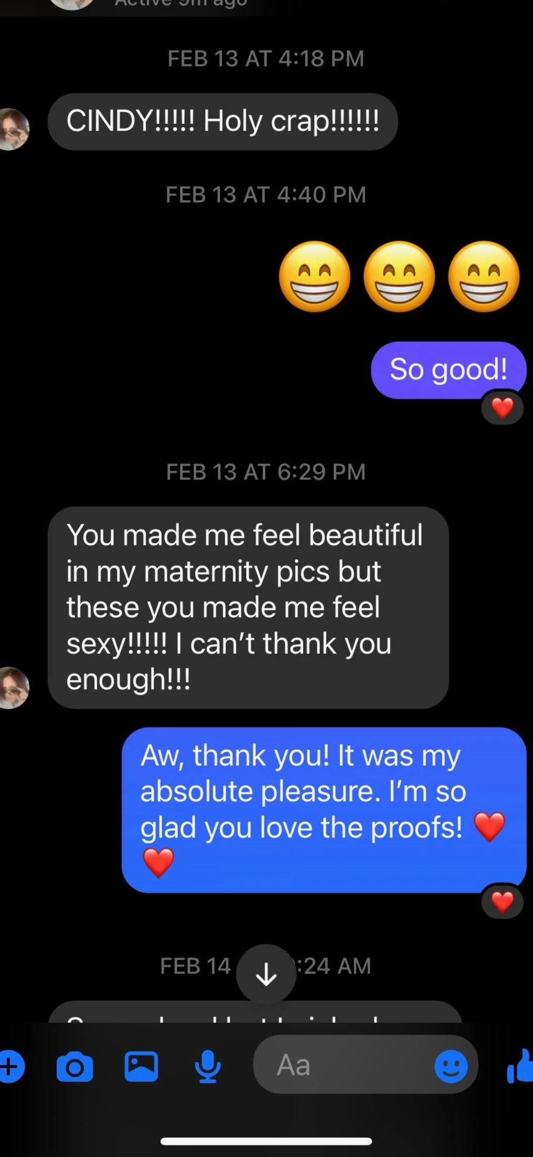Screenshot of text messages with woman who felt beautiful after receiving boudoir photos