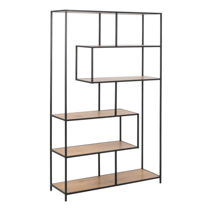 Seaford Large Asymmetrical Bookcase in Black with Oak Shelves