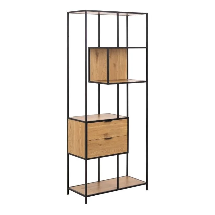Seaford Tall Wild Oak Metal 2 Drawer Bookcase With 4 Shelves