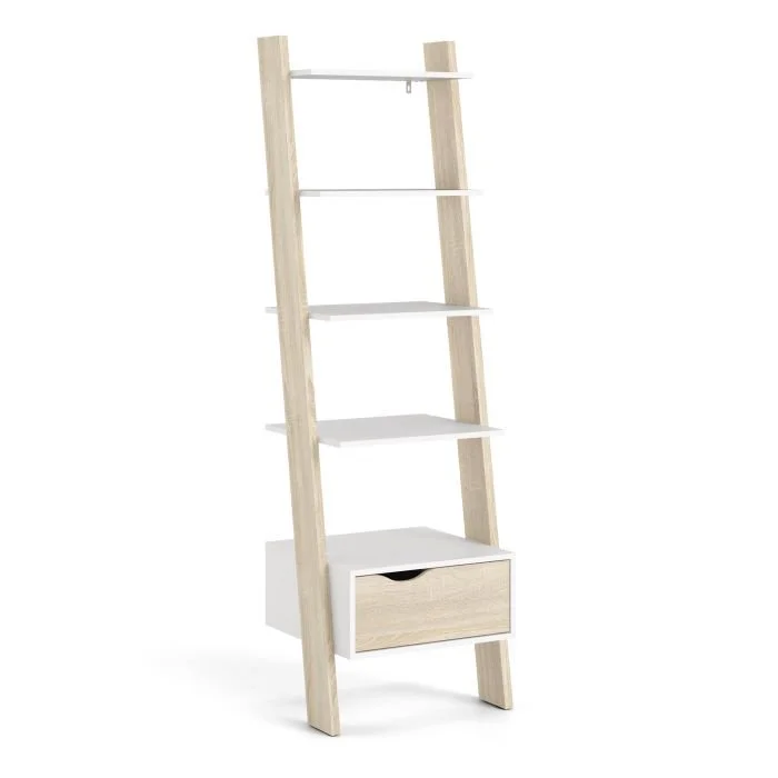 Oslo Leaning Bookcase 1 Drawer in White and Oak