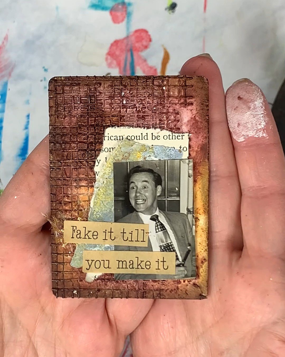 Meet the Jack of &clubs;️'s, card # 16 of my #mixedmediadeckbuild ⁠
⁠
Created in 2023 for #craftyhopeprompts a prompt deck challenge that was created by @craftyhope and using her week 16 prompts of Photo, Art Crayon and Drywall Tape.⁠
⁠
#realtimeproc