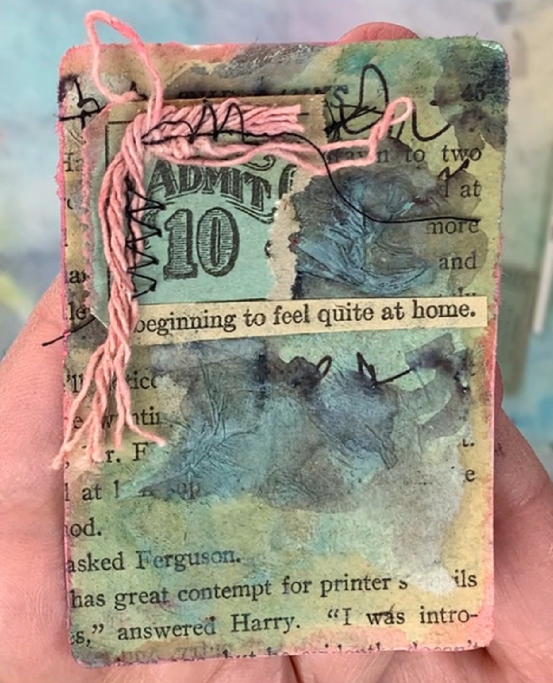 Meet the 8 of &clubs;️'s, card # 19 of my #mixedmediadeckbuild ⁠
⁠
Created in 2023 for #craftyhopeprompts a prompt deck challenge that was created by @craftyhope and using her week 19 prompts of asemic writing, ticket and stitch.⁠
⁠
#realtimeprocessv