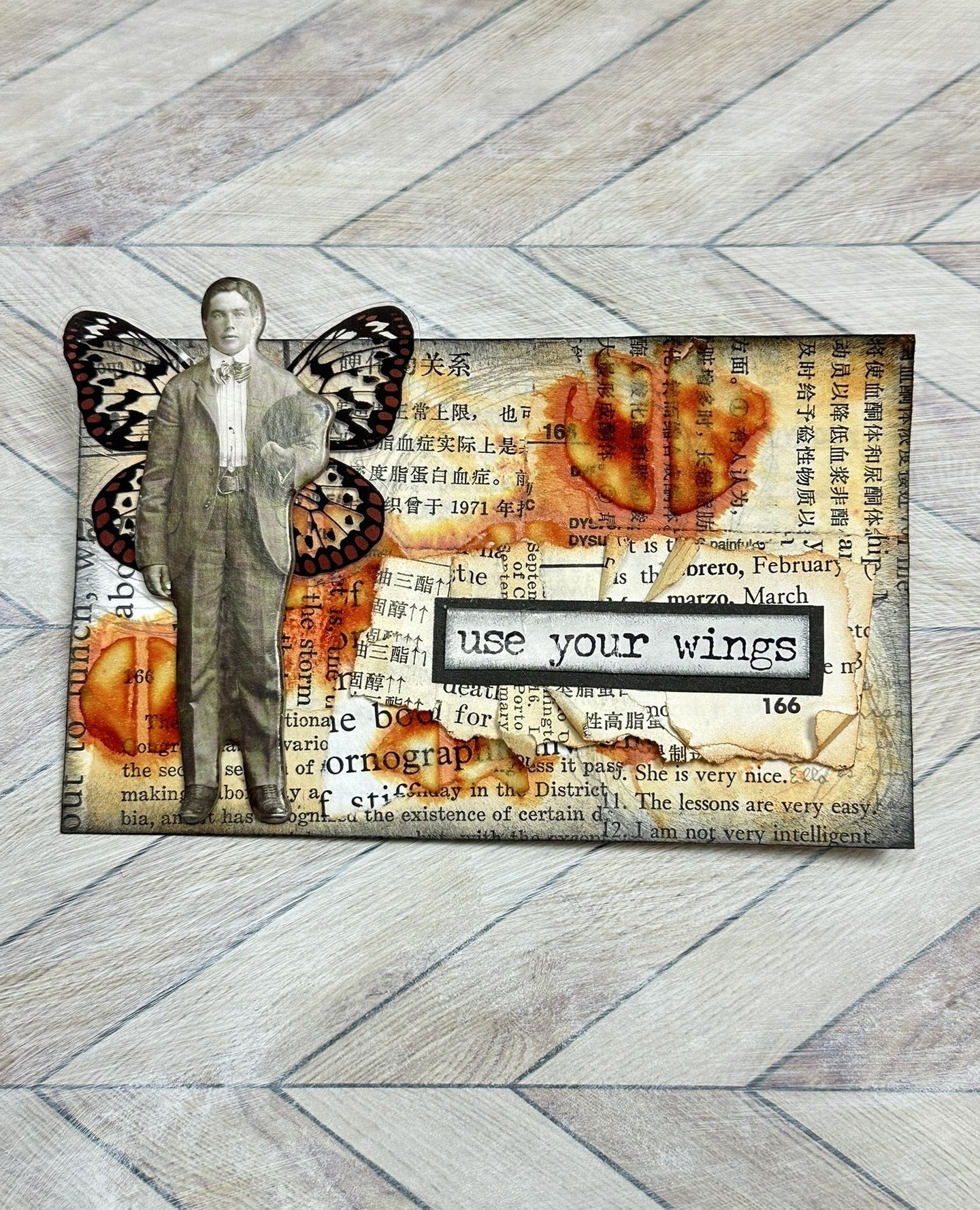 Mixed Media 🅸🅲🅰🅳 2025 ɖǟʏ: 26  քʀօʍքȶ: Something From Page 166⁠
⁠
I think I took the easy way on this one and went with page 166 from a variety of books. Even though...I'm quite happy with the way it turned out.⁠
⁠
⁠
⁠
#indexcardaday #mixedmediaa