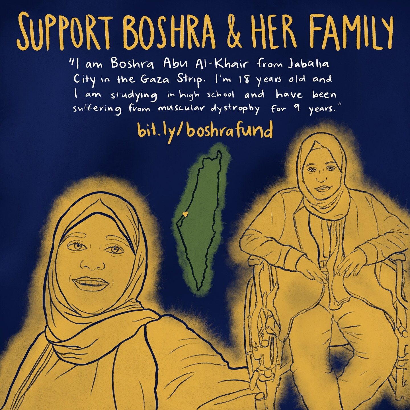 This week for #FridaysForFalestin, Artists for Radical Imagination are uplifting Boshra &amp; the fundraiser for her family. Boshra is an 18 year old whose last year of high school was suspended in November. Boshra has Duchenne muscular dystrophy, &a