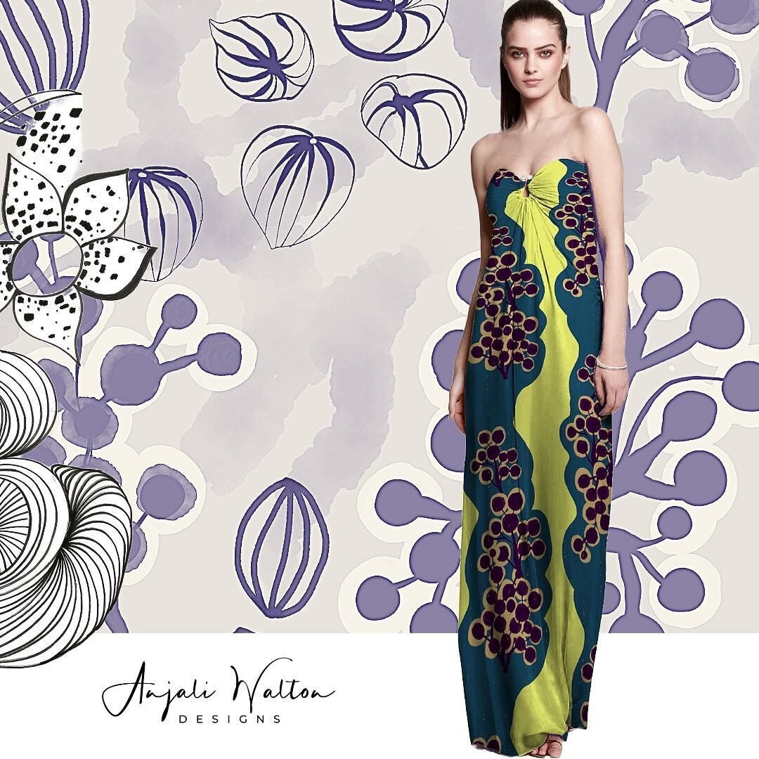 I am exploring large-scale motifs with a design on a fashion mockup. This is a work in progress from one in a collection of eight prints from my portfolio inspired by Li patterns in nature. #fashionprint #largemotif #abstract #freelanceprintdesigner 