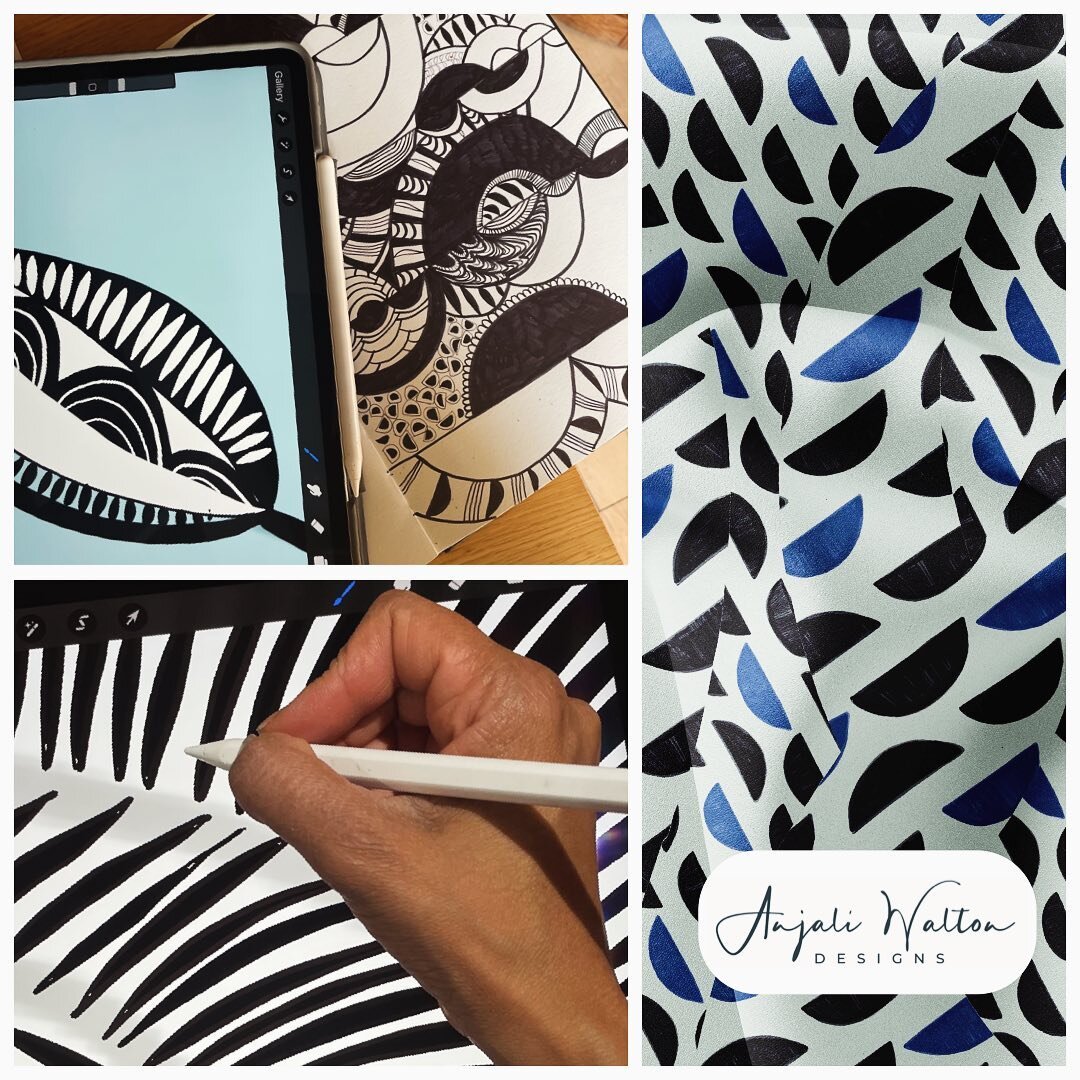 I am starting the new year with iterations of one shape to create a geometric textile print. One of many ideas to come! The initial sketch lends itself to a collection of either simple prints or a more detailed group using playful line work. Which di